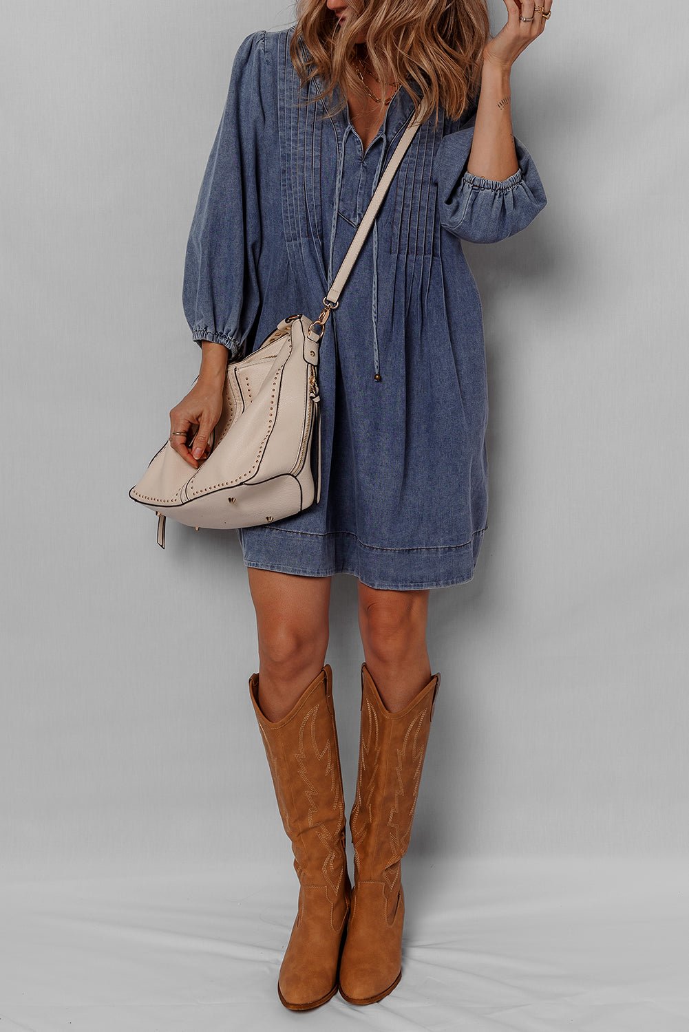 Denim 3/4 Sleeve Tied V-Neck Pleated Mini Dress - Rooted & Reckless Co.