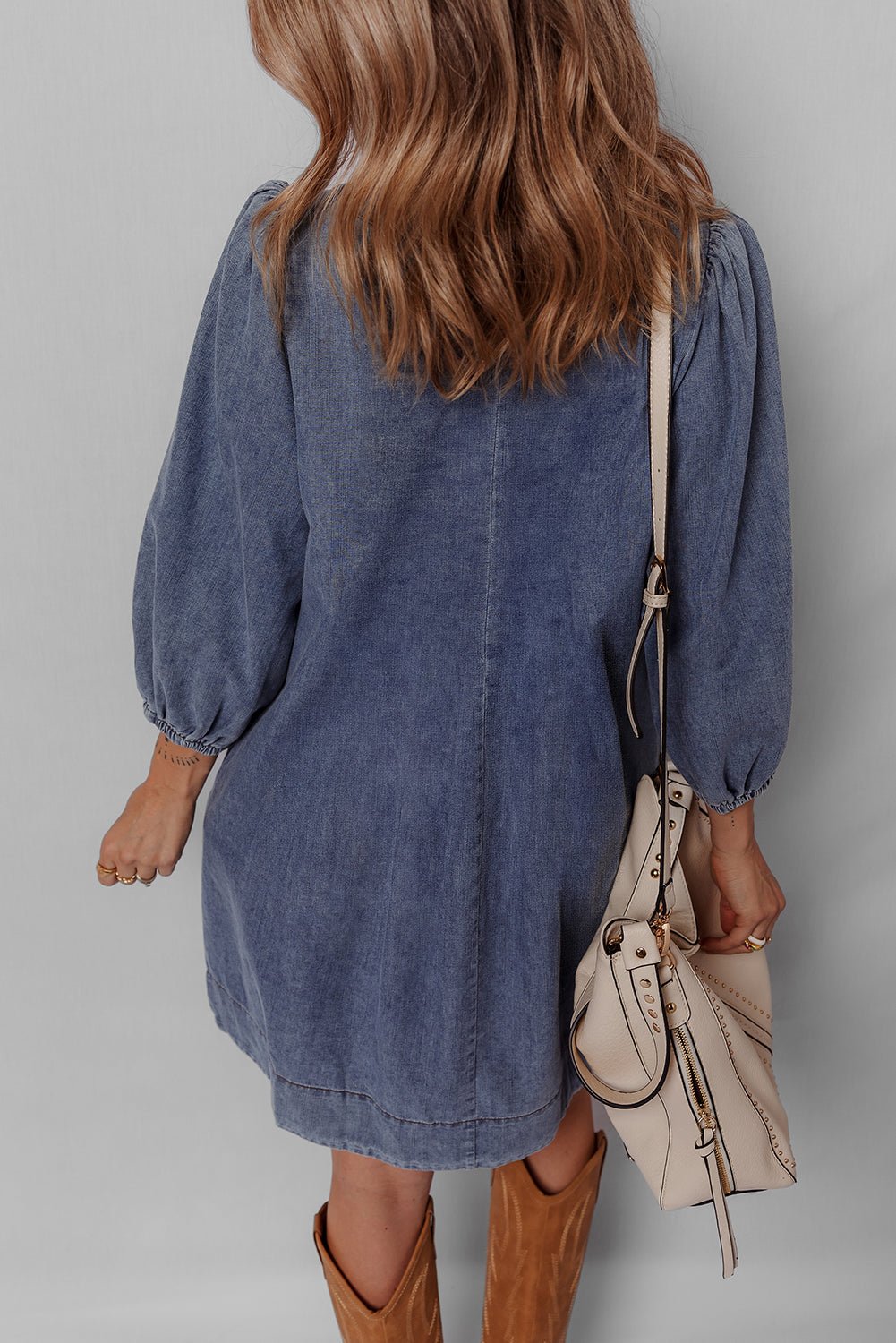 Denim 3/4 Sleeve Tied V-Neck Pleated Mini Dress - Rooted & Reckless Co.
