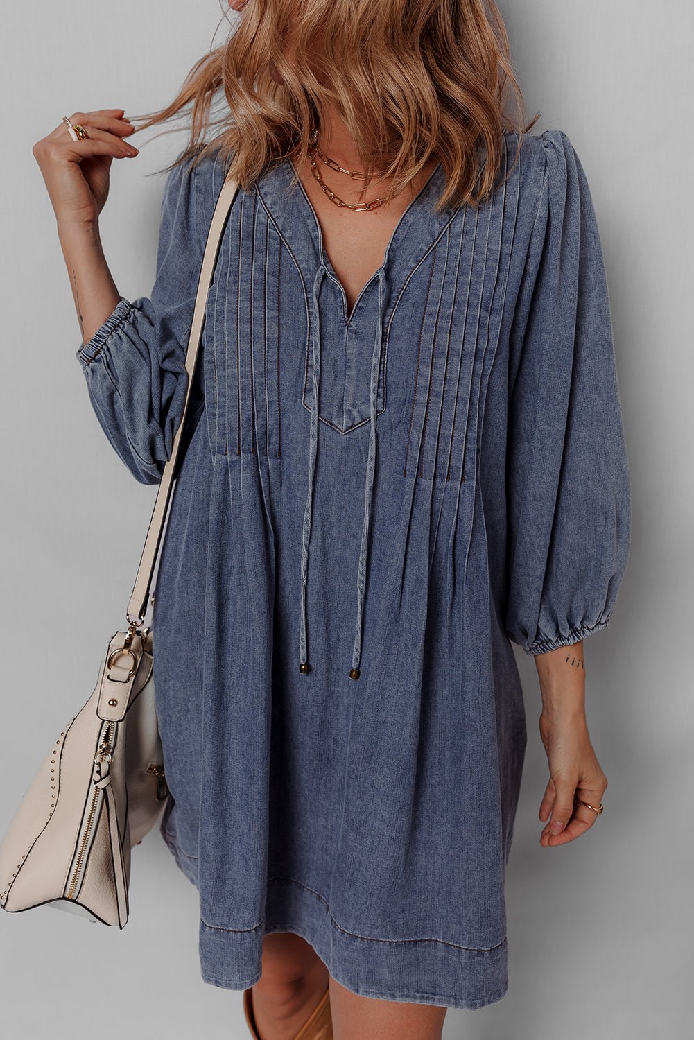 Denim 3/4 Sleeve Tied V-Neck Pleated Mini Dress - Rooted & Reckless Co.