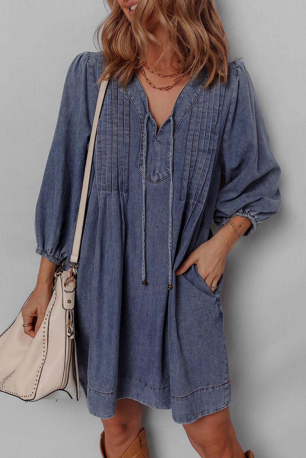Denim 3/4 Sleeve Tied V-Neck Pleated Mini Dress - Rooted & Reckless Co.