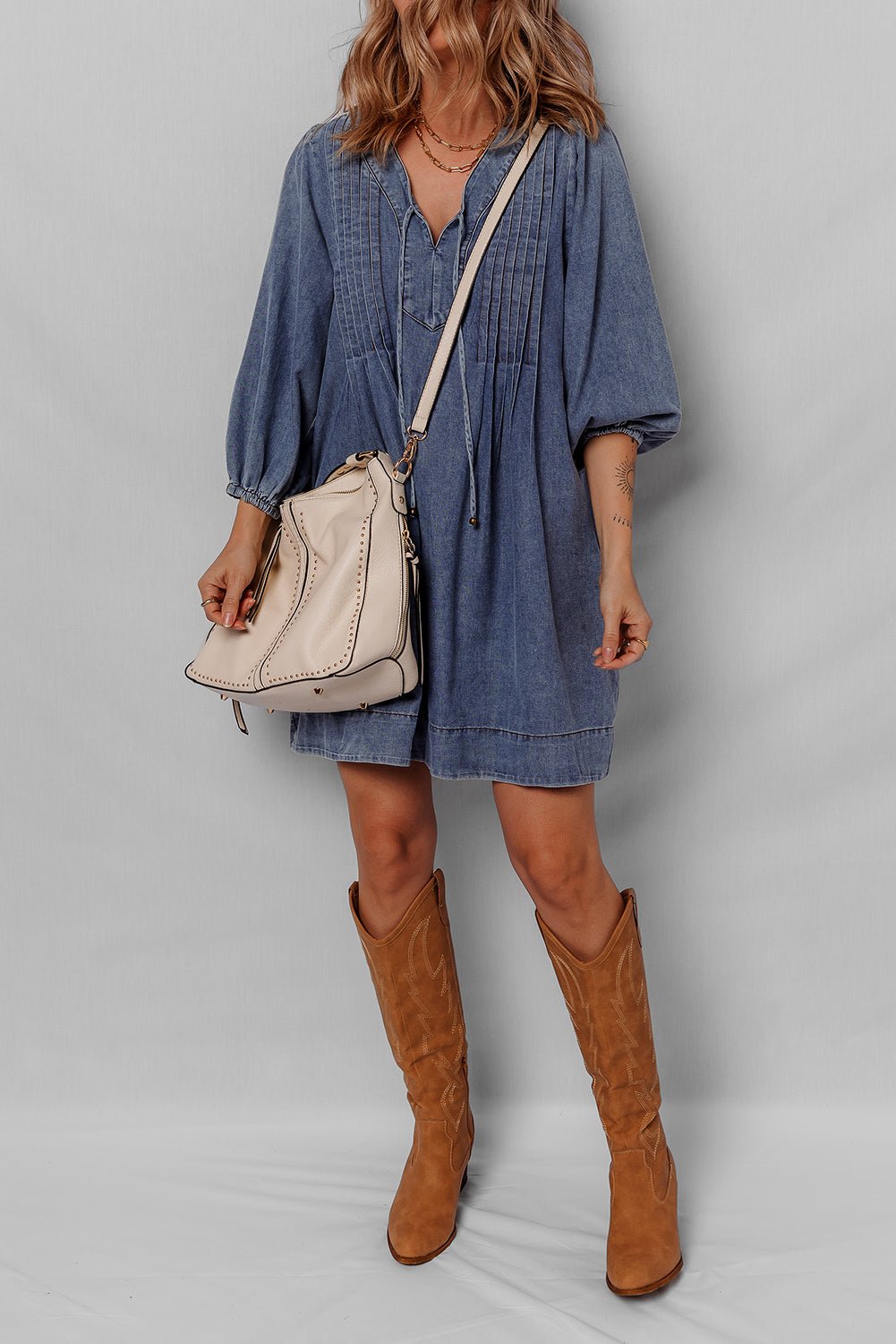 Denim 3/4 Sleeve Tied V-Neck Pleated Mini Dress - Rooted & Reckless Co.