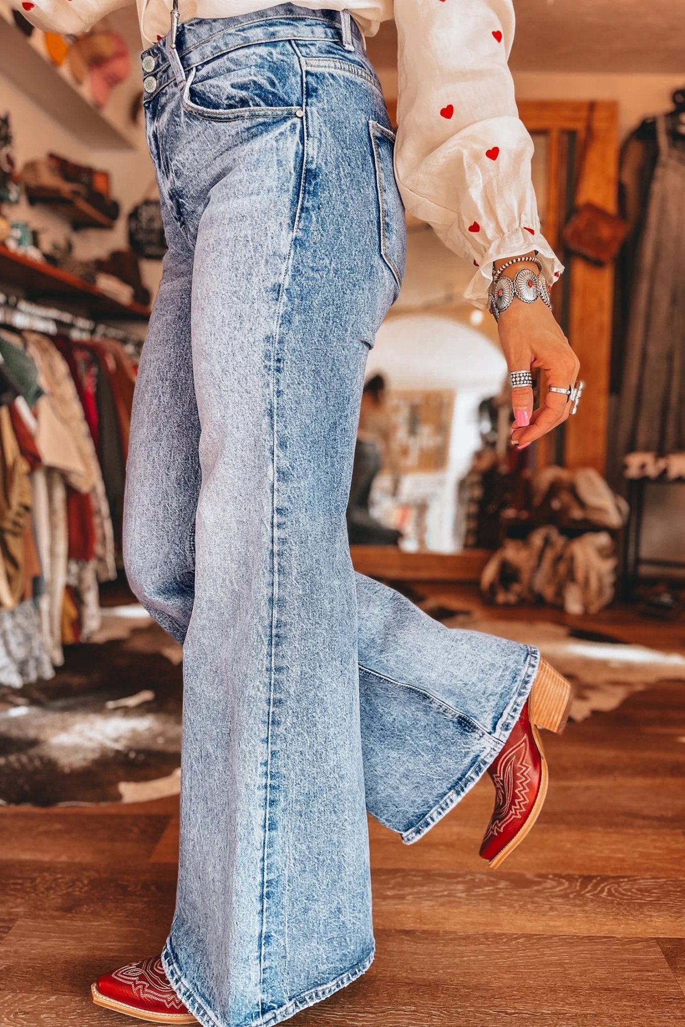 Denim Acid Wash Pockets Flare Jeans - Rooted & Reckless Co.
