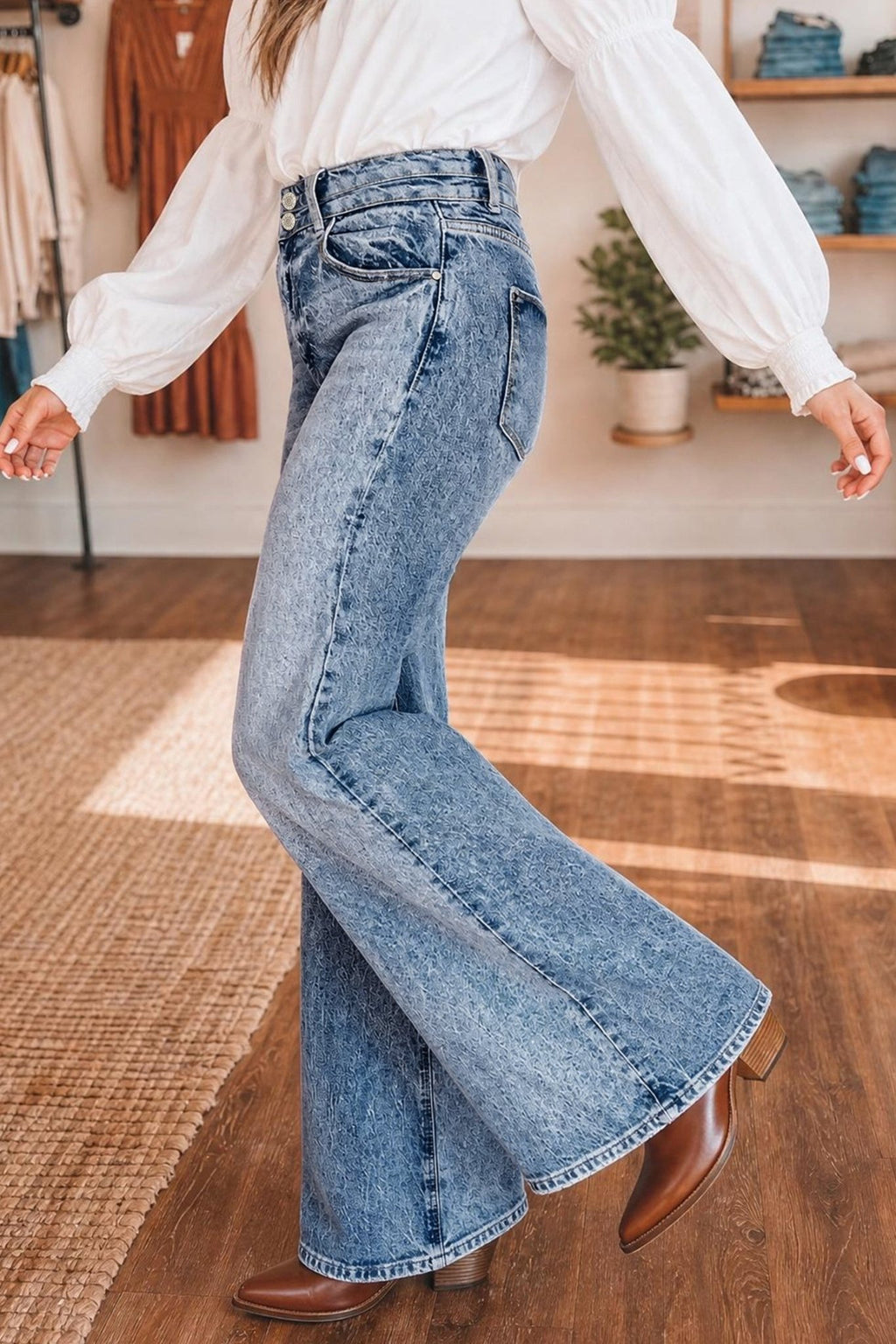 Denim Acid Wash Pockets Flare Jeans - Rooted & Reckless Co.