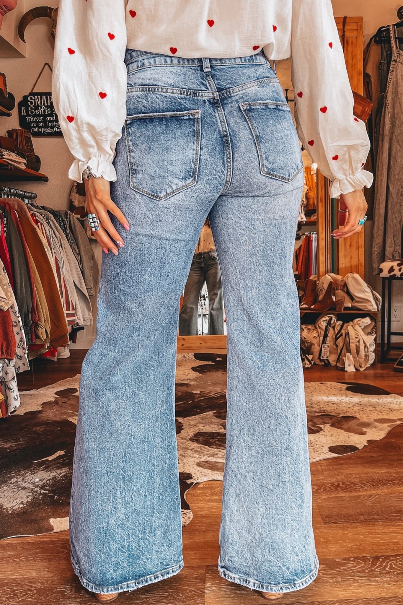 Denim Acid Wash Pockets Flare Jeans - Rooted & Reckless Co.