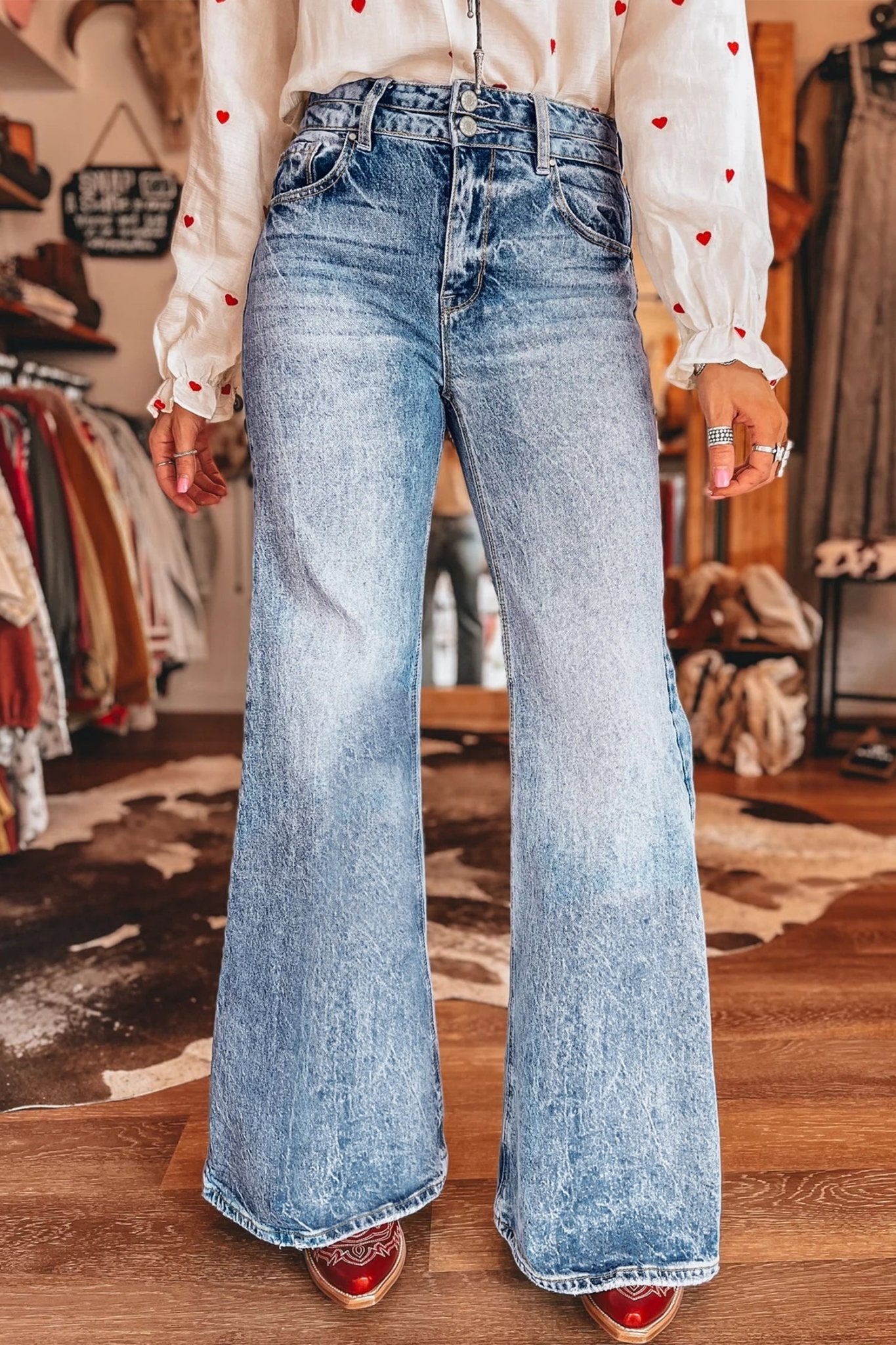 Denim Acid Wash Pockets Flare Jeans - Rooted & Reckless Co.