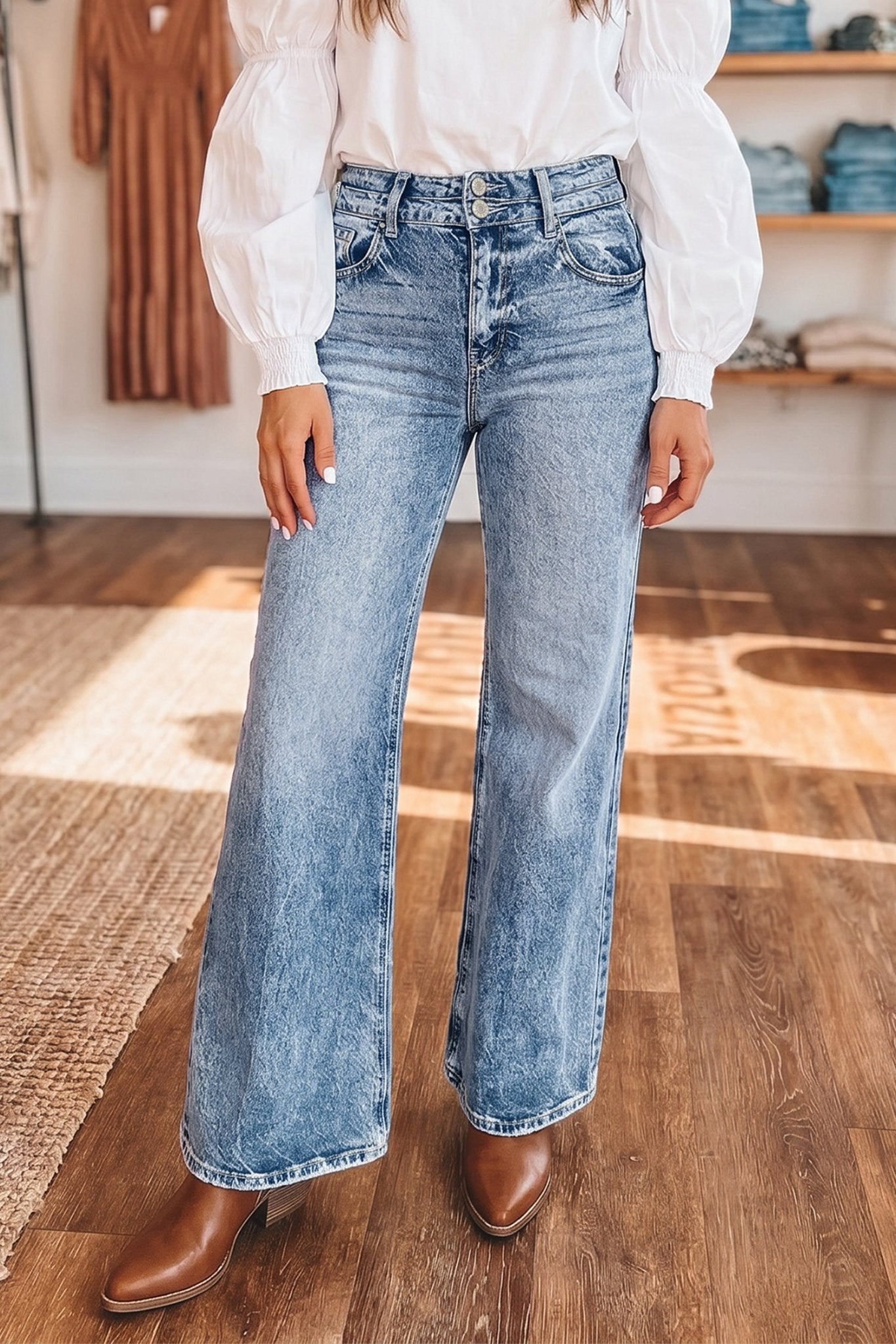 Denim Acid Wash Pockets Flare Jeans - Rooted & Reckless Co.
