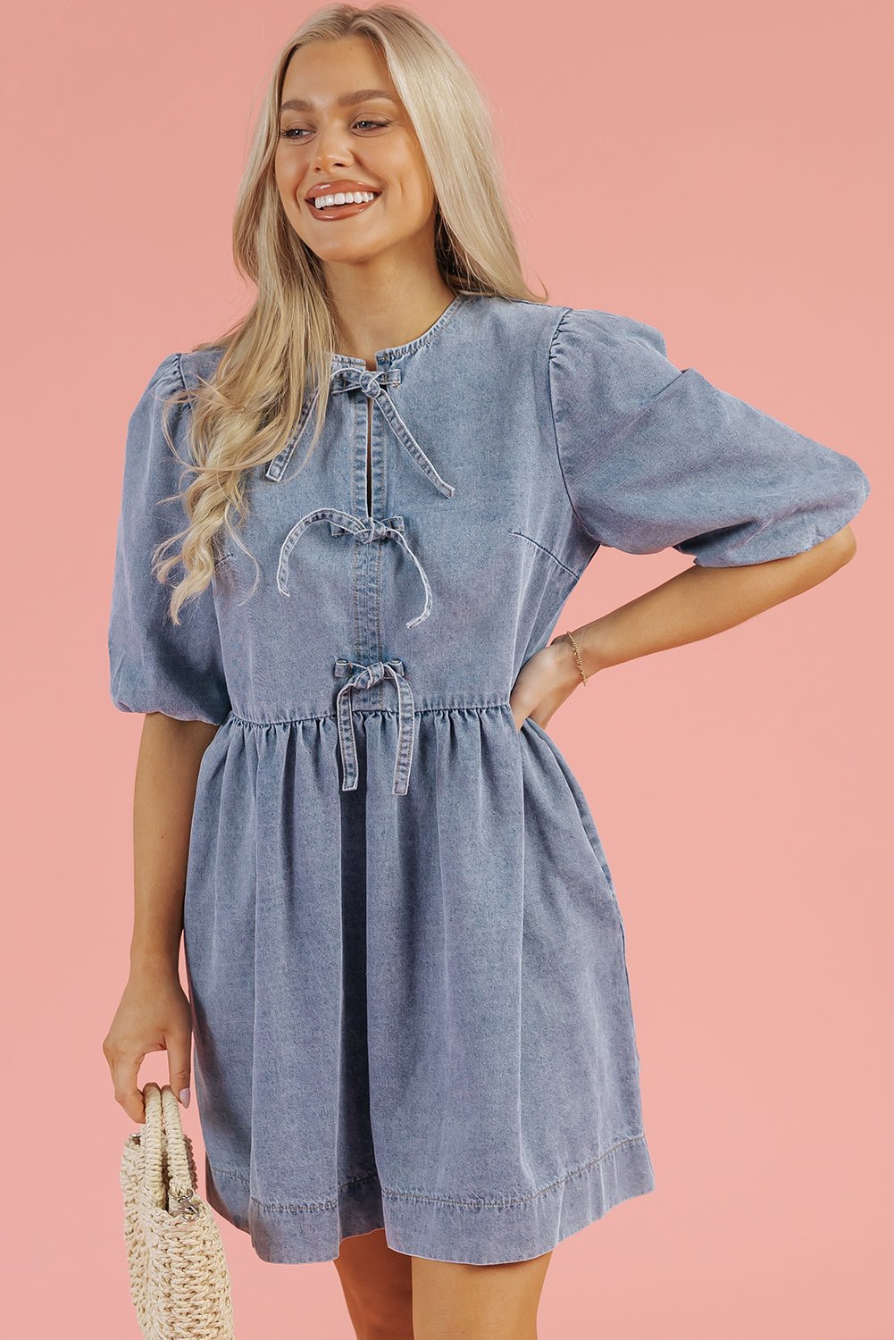 Denim Bow Bubble Sleeve Mini Dress - Rooted & Reckless Co.