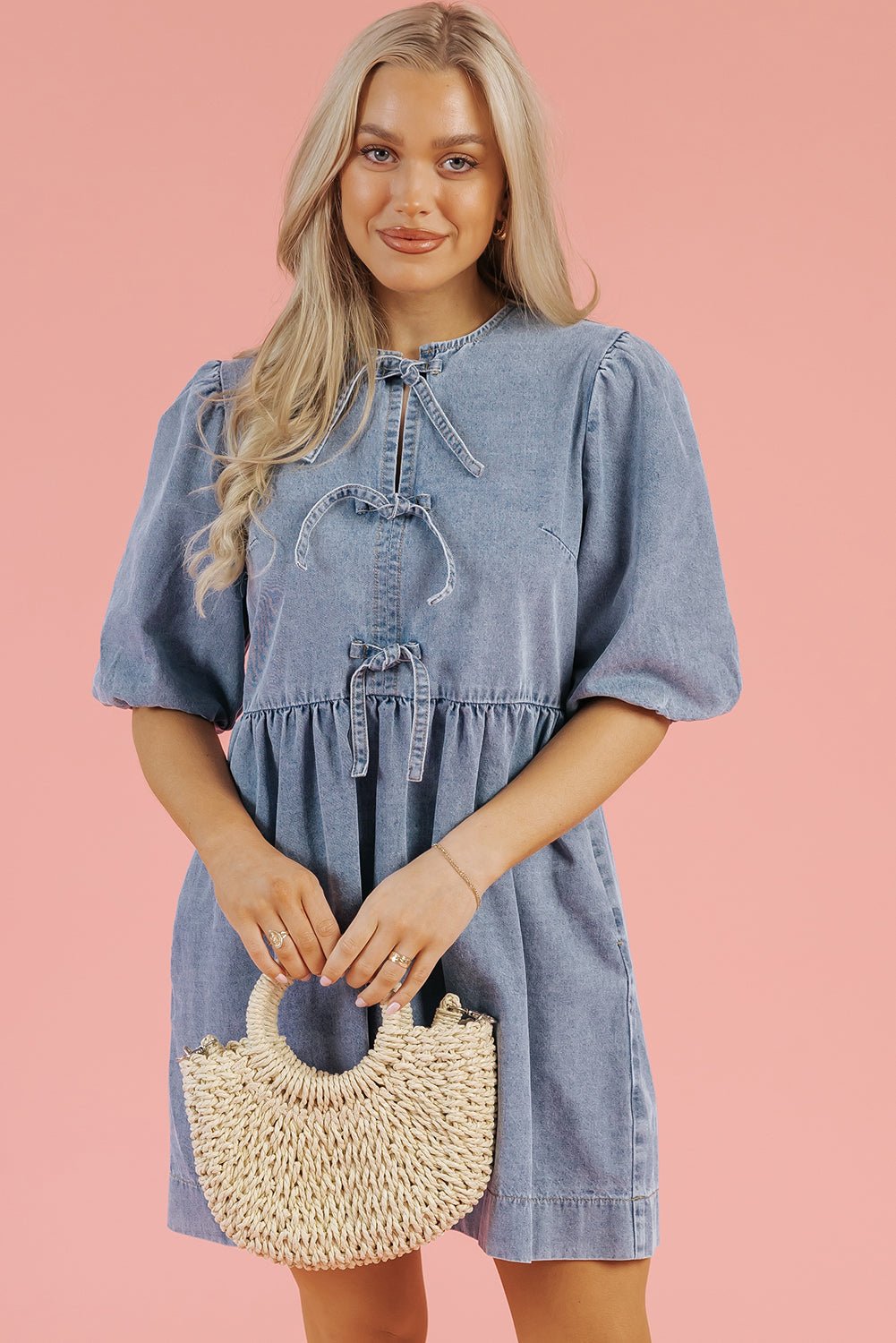 Denim Bow Bubble Sleeve Mini Dress - Rooted & Reckless Co.