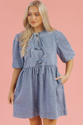 Denim Bow Bubble Sleeve Mini Dress - Rooted & Reckless Co.