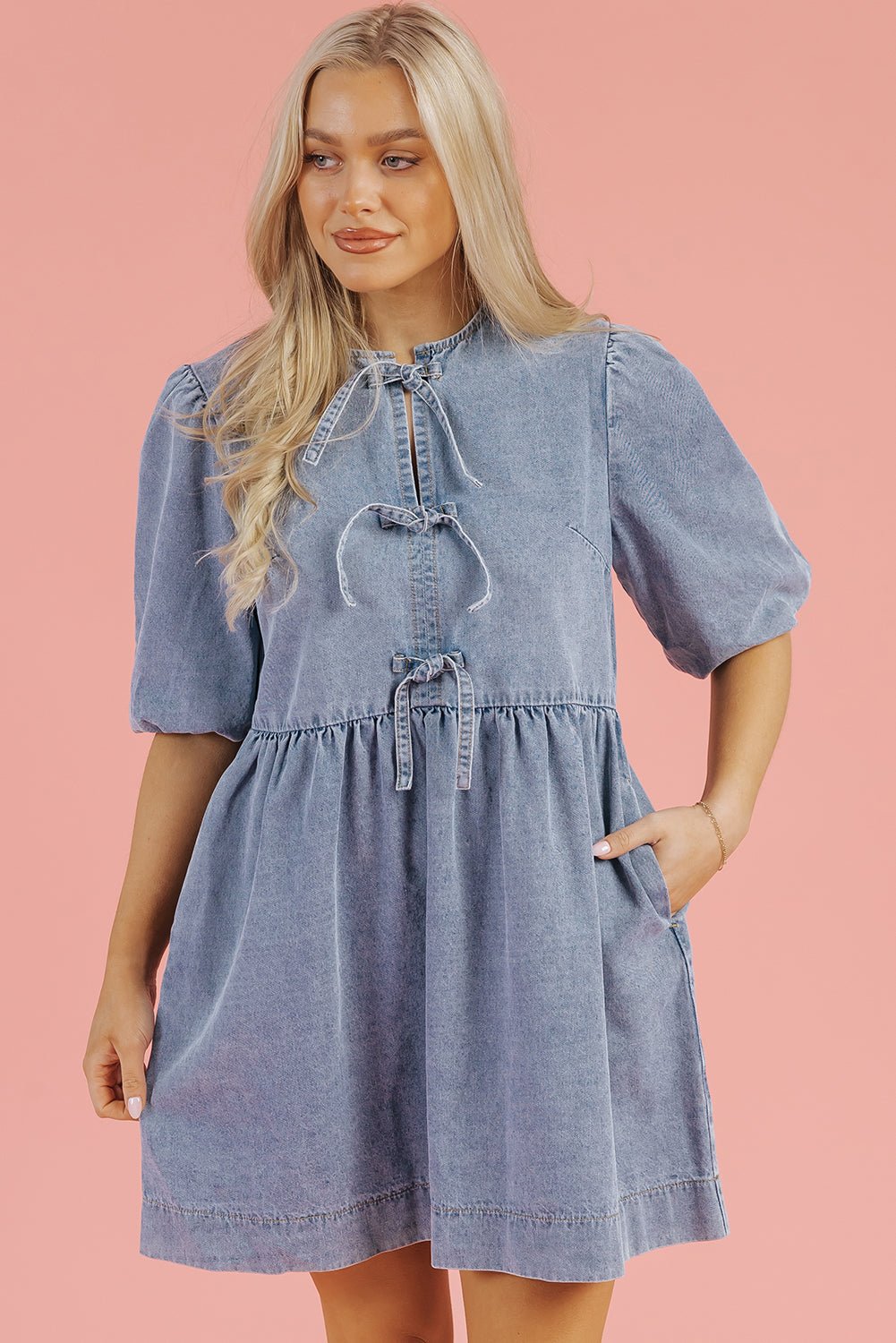 Denim Bow Bubble Sleeve Mini Dress - Rooted & Reckless Co.