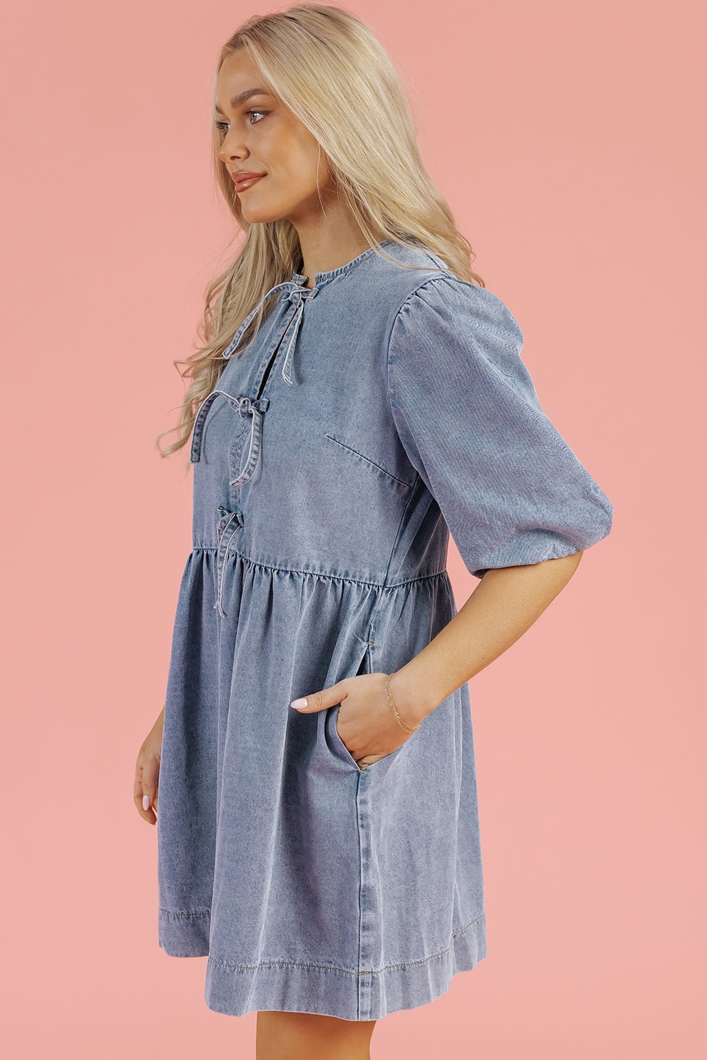 Denim Bow Bubble Sleeve Mini Dress - Rooted & Reckless Co.