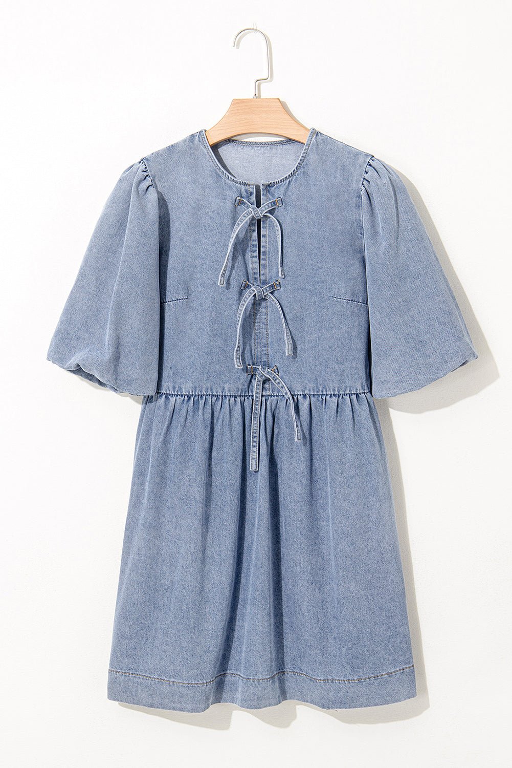 Denim Bow Bubble Sleeve Mini Dress - Rooted & Reckless Co.