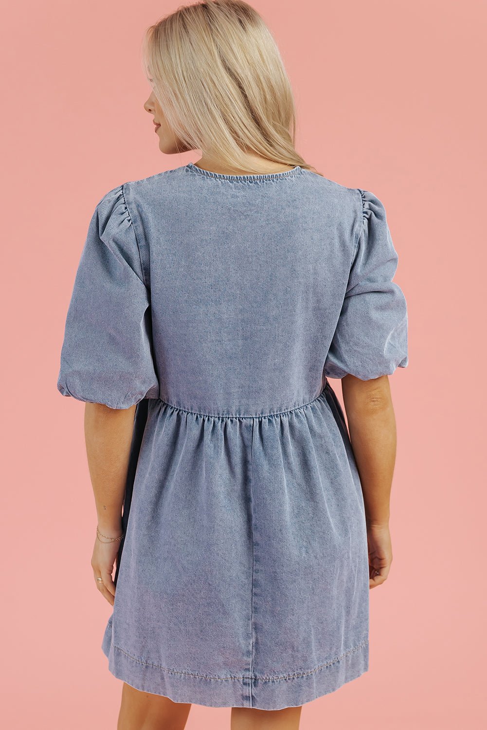 Denim Bow Bubble Sleeve Mini Dress - Rooted & Reckless Co.