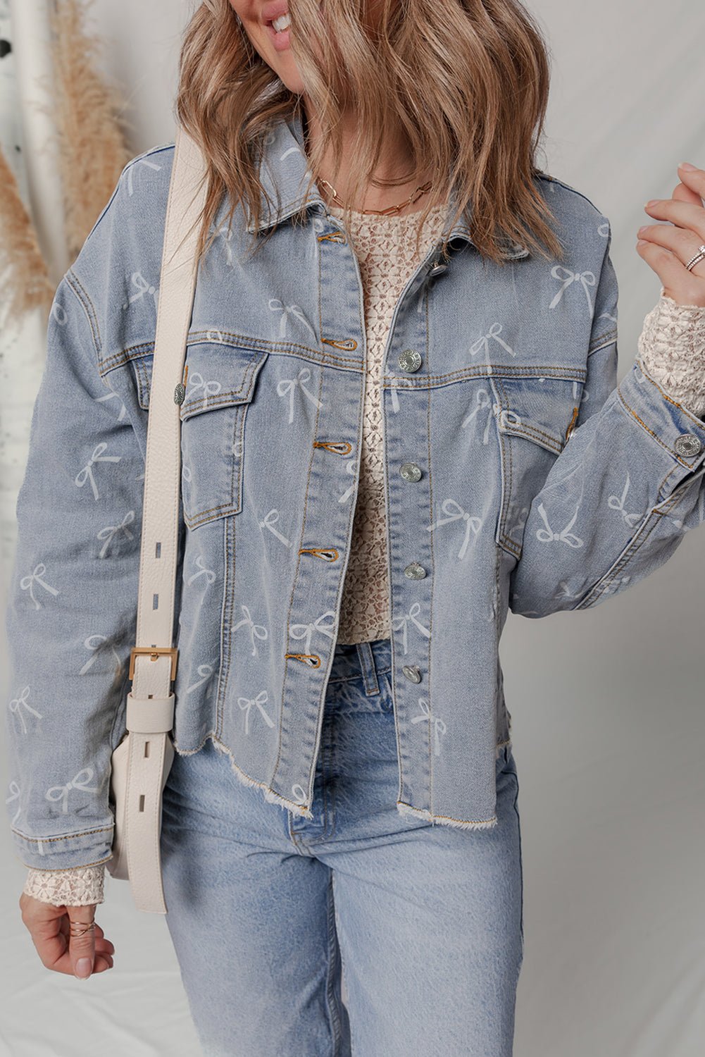 Denim Bow Light Wash Raw Hem Jacket - Rooted & Reckless Co.