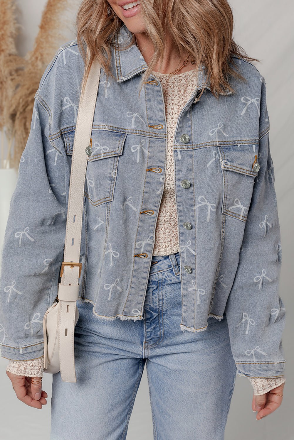 Denim Bow Light Wash Raw Hem Jacket - Rooted & Reckless Co.