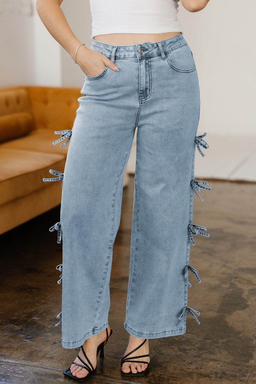 Denim Bow Side Straight Leg Jeans - Rooted & Reckless Co.