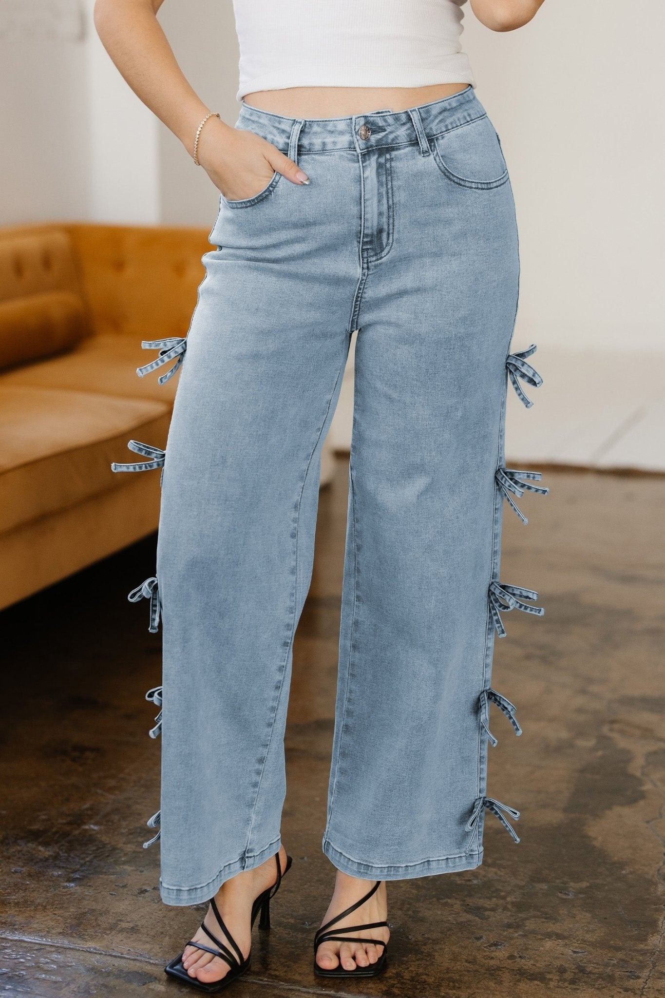 Denim Bow Side Straight Leg Jeans - Rooted & Reckless Co.
