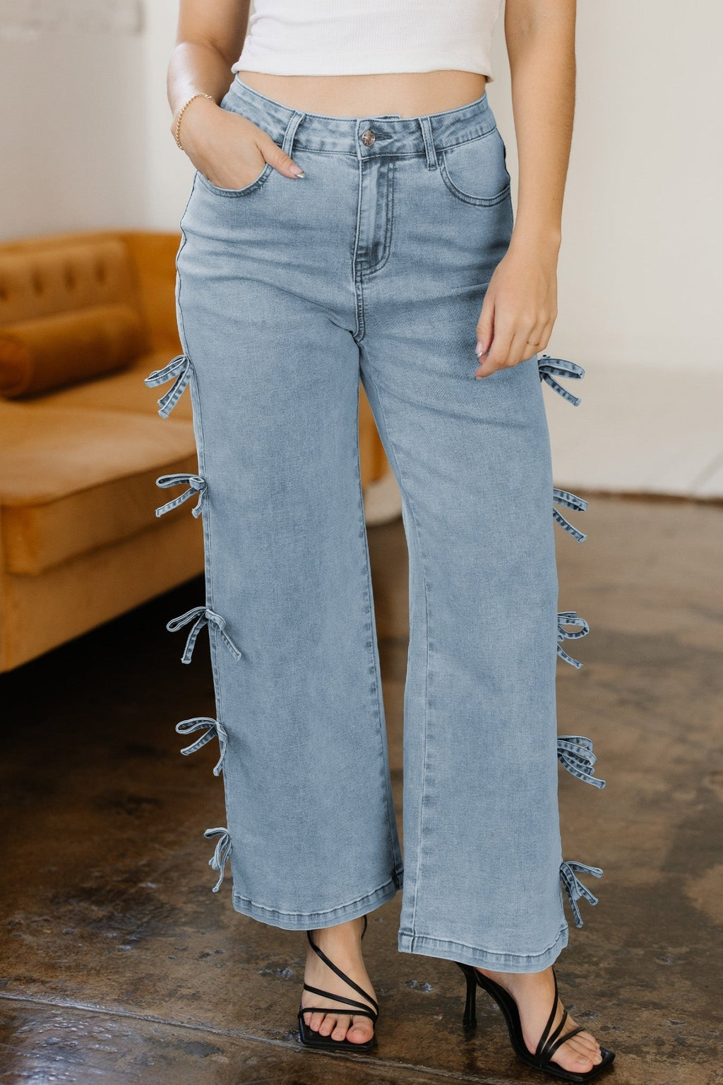 Denim Bow Side Straight Leg Jeans - Rooted & Reckless Co.