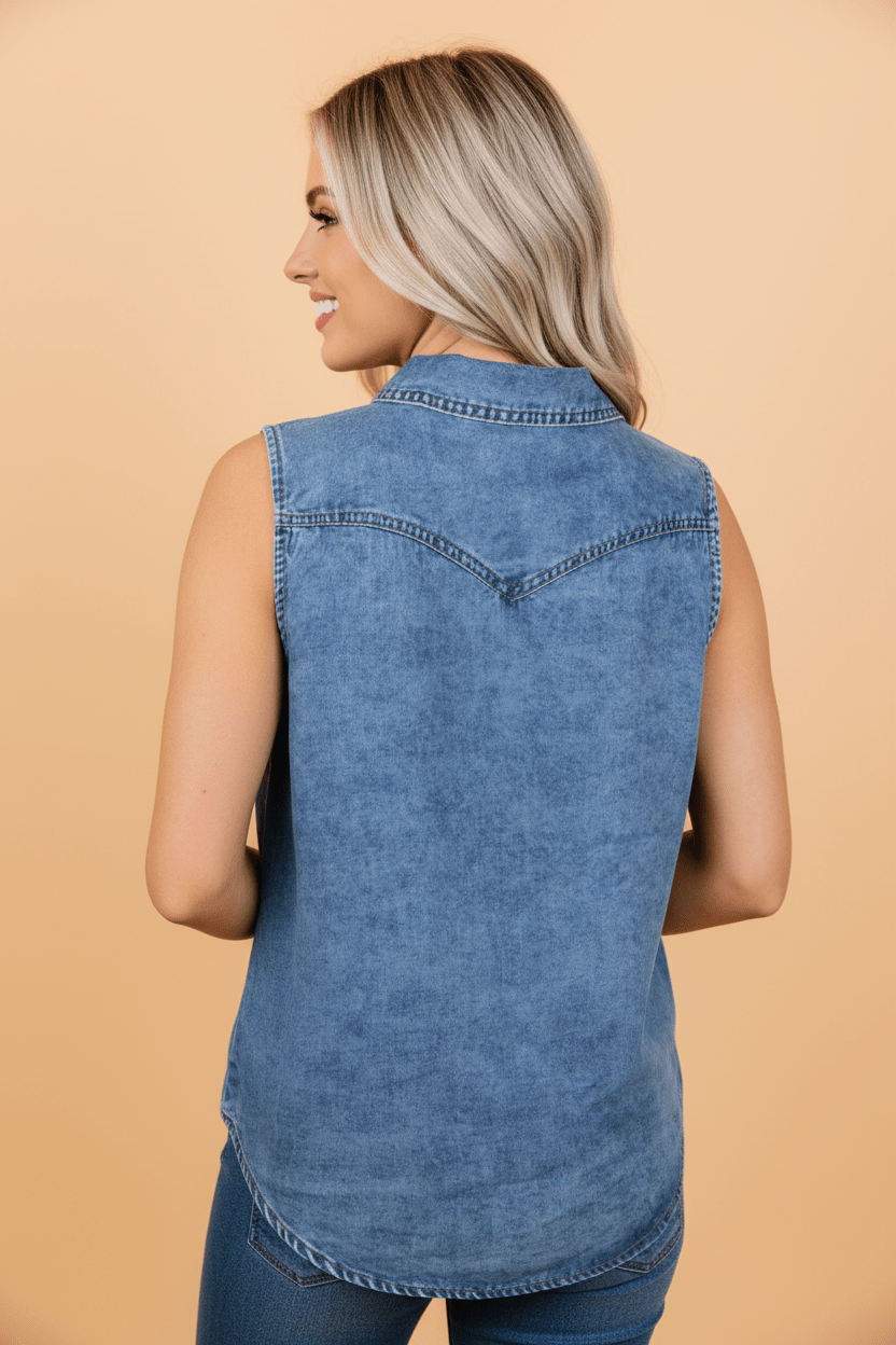 Denim Button Front Collared Sleeveless Vest - Rooted & Reckless Co.