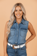 Denim Button Front Collared Sleeveless Vest - Rooted & Reckless Co.