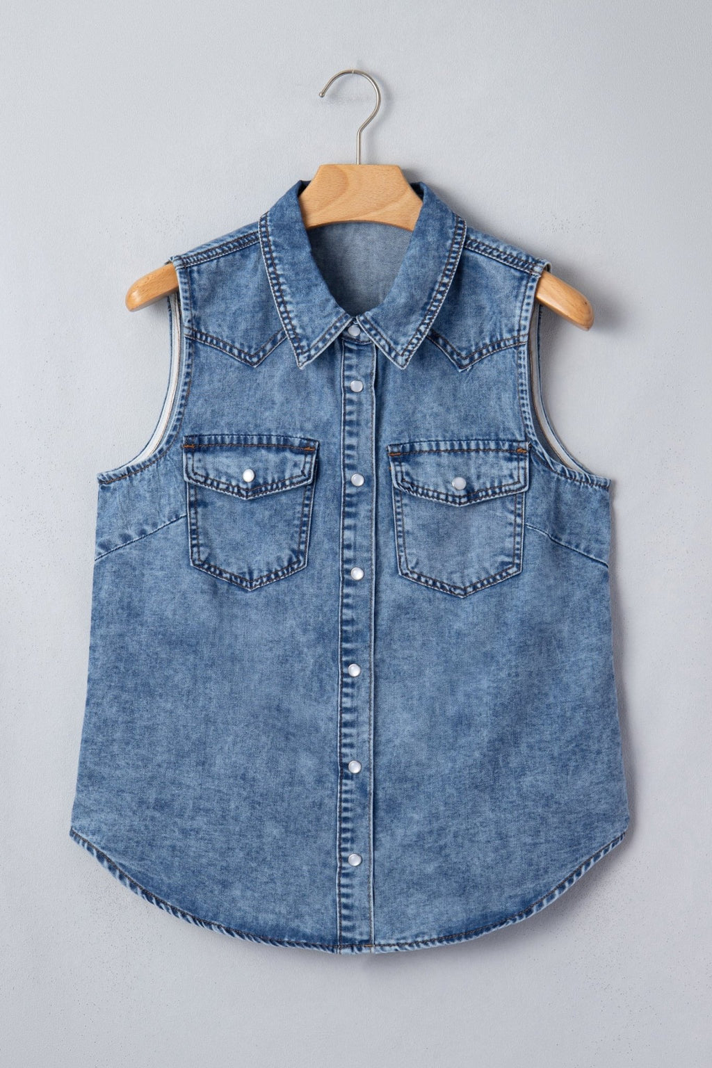 Denim Button Front Collared Sleeveless Vest - Rooted & Reckless Co.