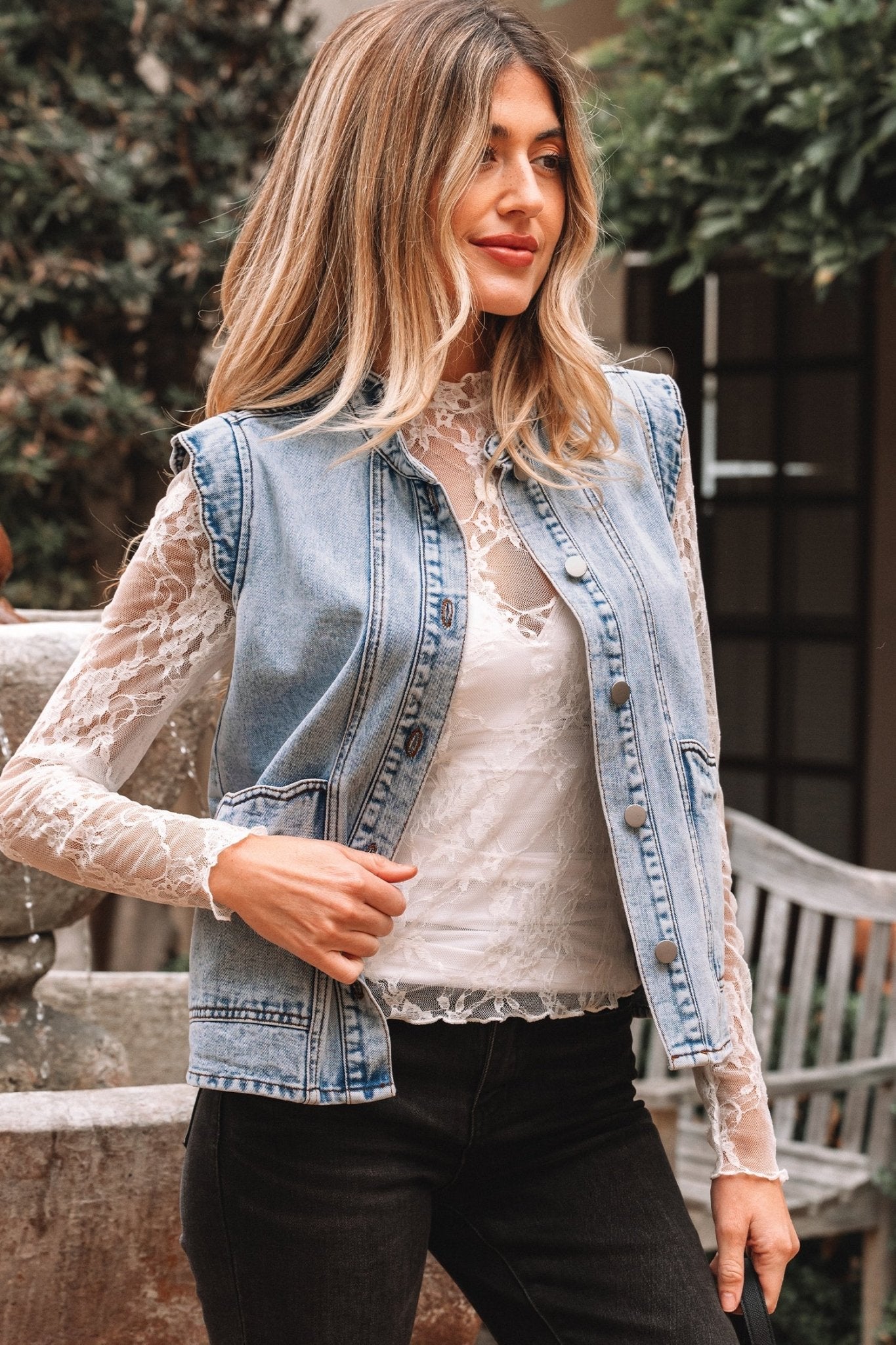 Denim Button-Front Scallop Trim Patch Pocket Vest - Rooted & Reckless Co.
