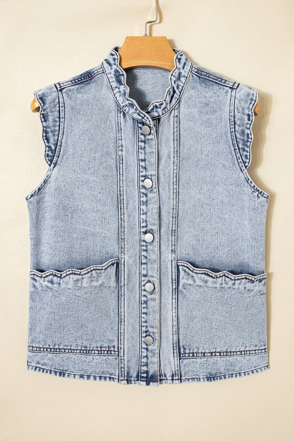 Denim Button-Front Scallop Trim Patch Pocket Vest - Rooted & Reckless Co.