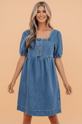 Denim Button Square Neck Puff Sleeve Mini Dress - Rooted & Reckless Co.