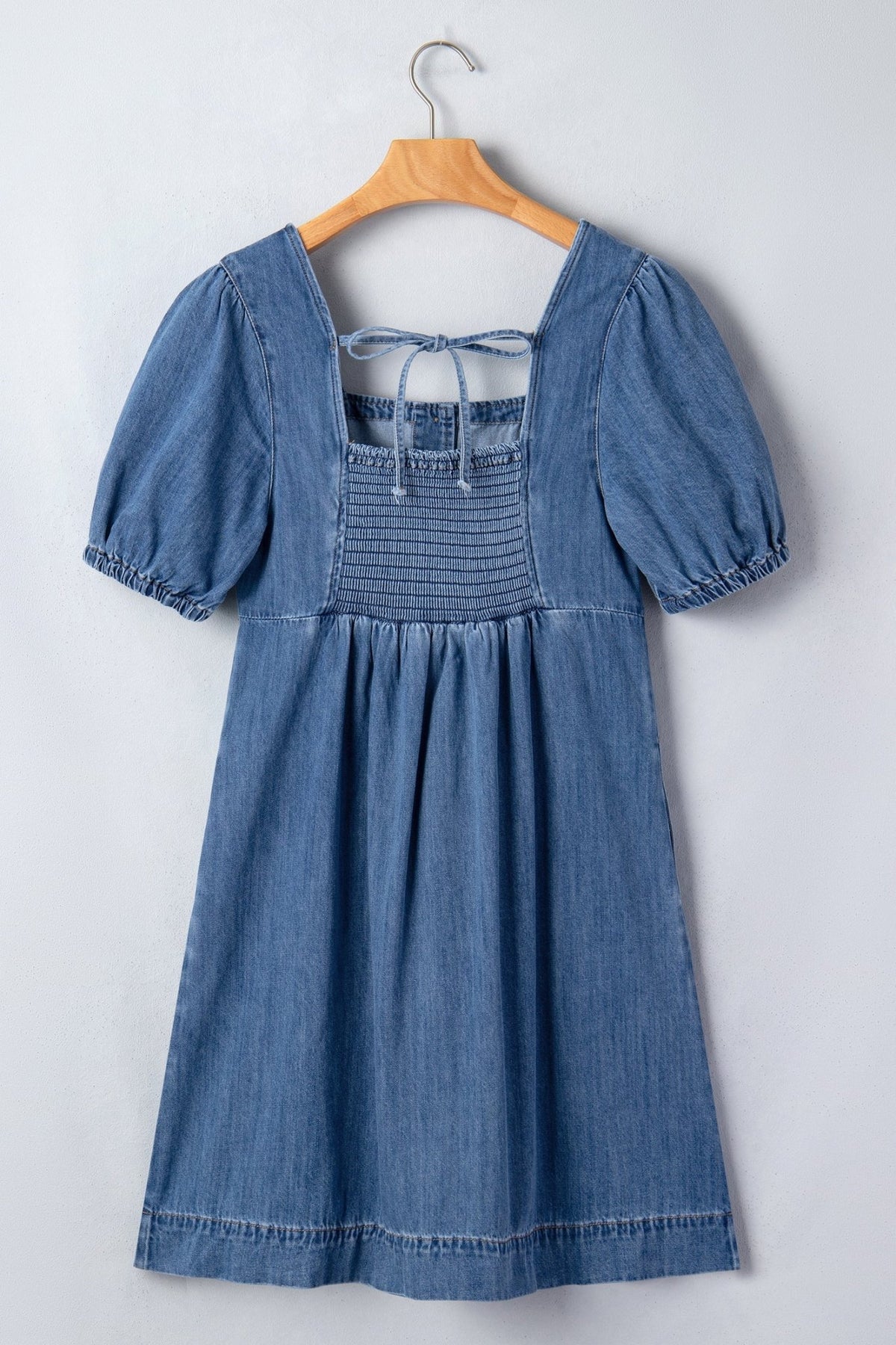 Denim Button Square Neck Puff Sleeve Mini Dress - Rooted & Reckless Co.