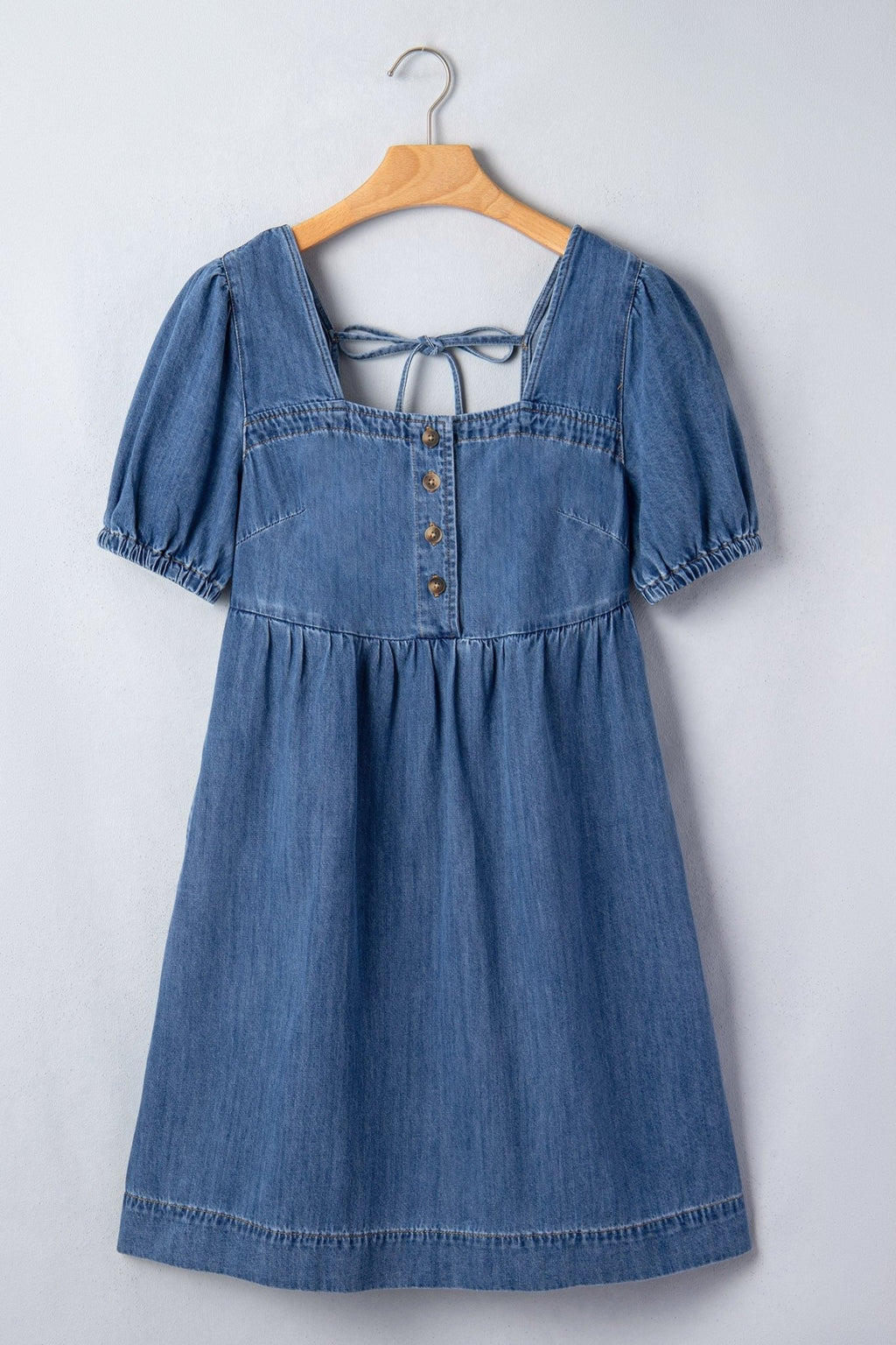 Denim Button Square Neck Puff Sleeve Mini Dress - Rooted & Reckless Co.