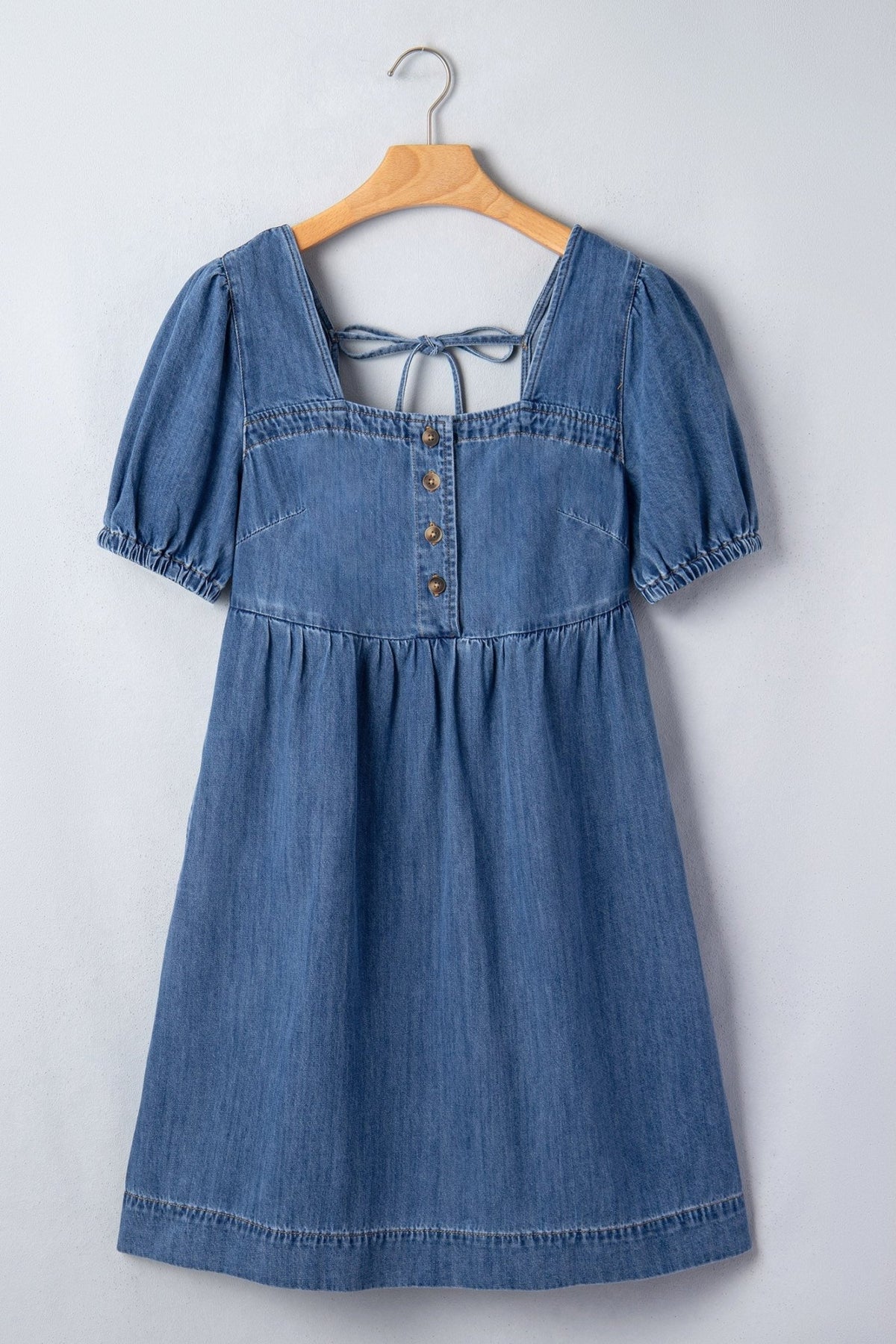 Denim Button Square Neck Puff Sleeve Mini Dress - Rooted & Reckless Co.