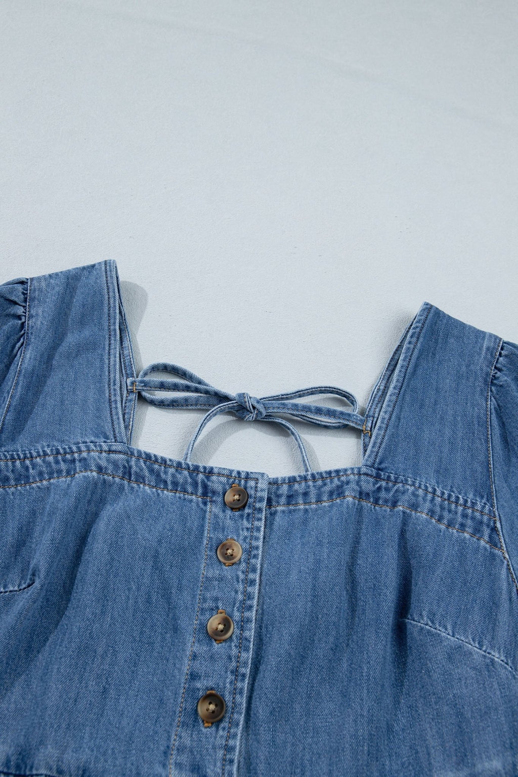 Denim Button Square Neck Puff Sleeve Mini Dress - Rooted & Reckless Co.