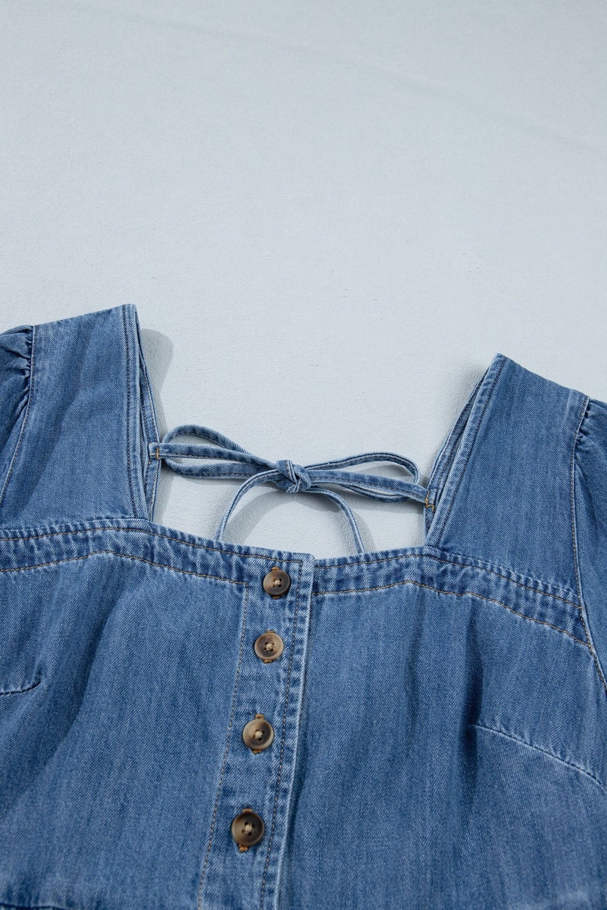 Denim Button Square Neck Puff Sleeve Mini Dress - Rooted & Reckless Co.