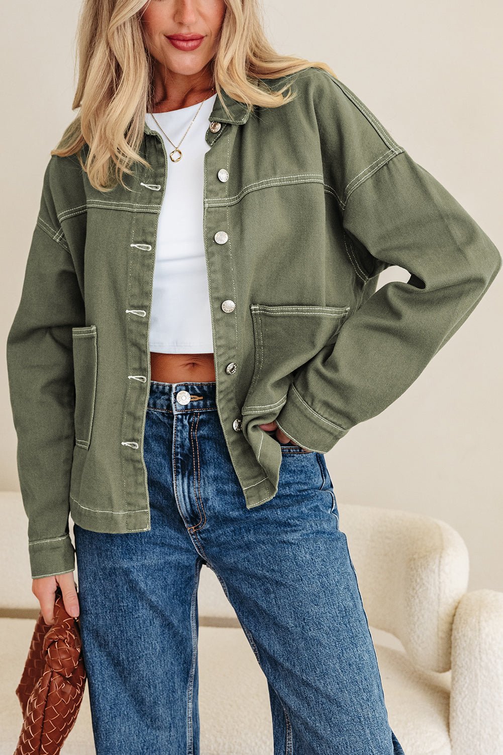 Denim Button-Up Patch Pocket Collared Jacket - Rooted & Reckless Co.