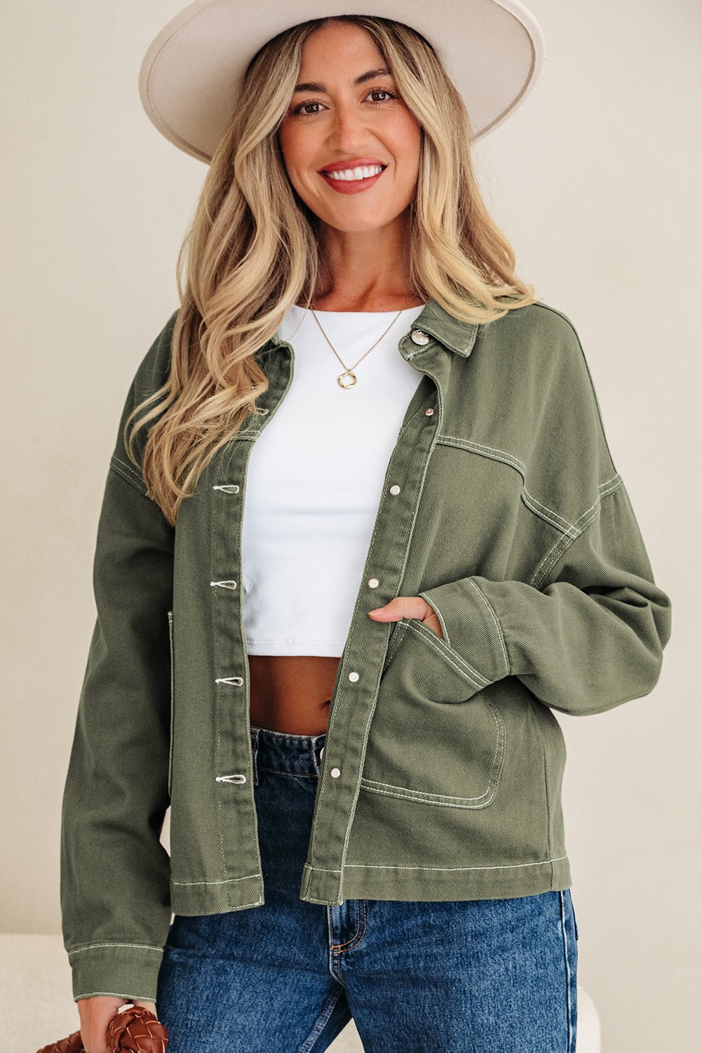 Denim Button-Up Patch Pocket Collared Jacket - Rooted & Reckless Co.
