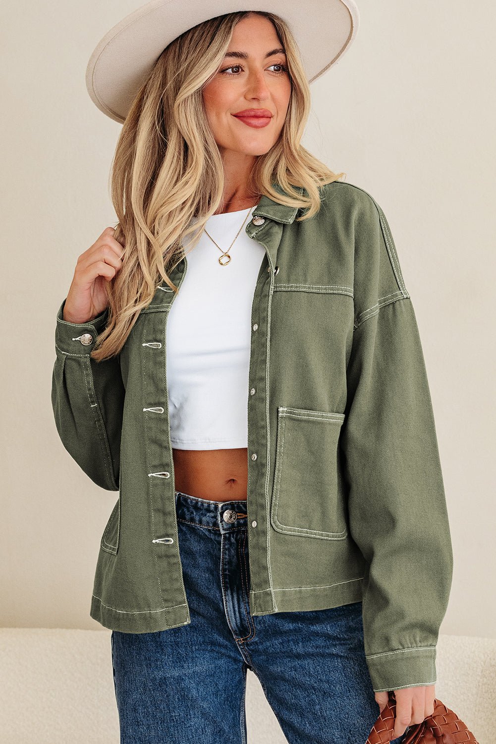 Denim Button-Up Patch Pocket Collared Jacket - Rooted & Reckless Co.