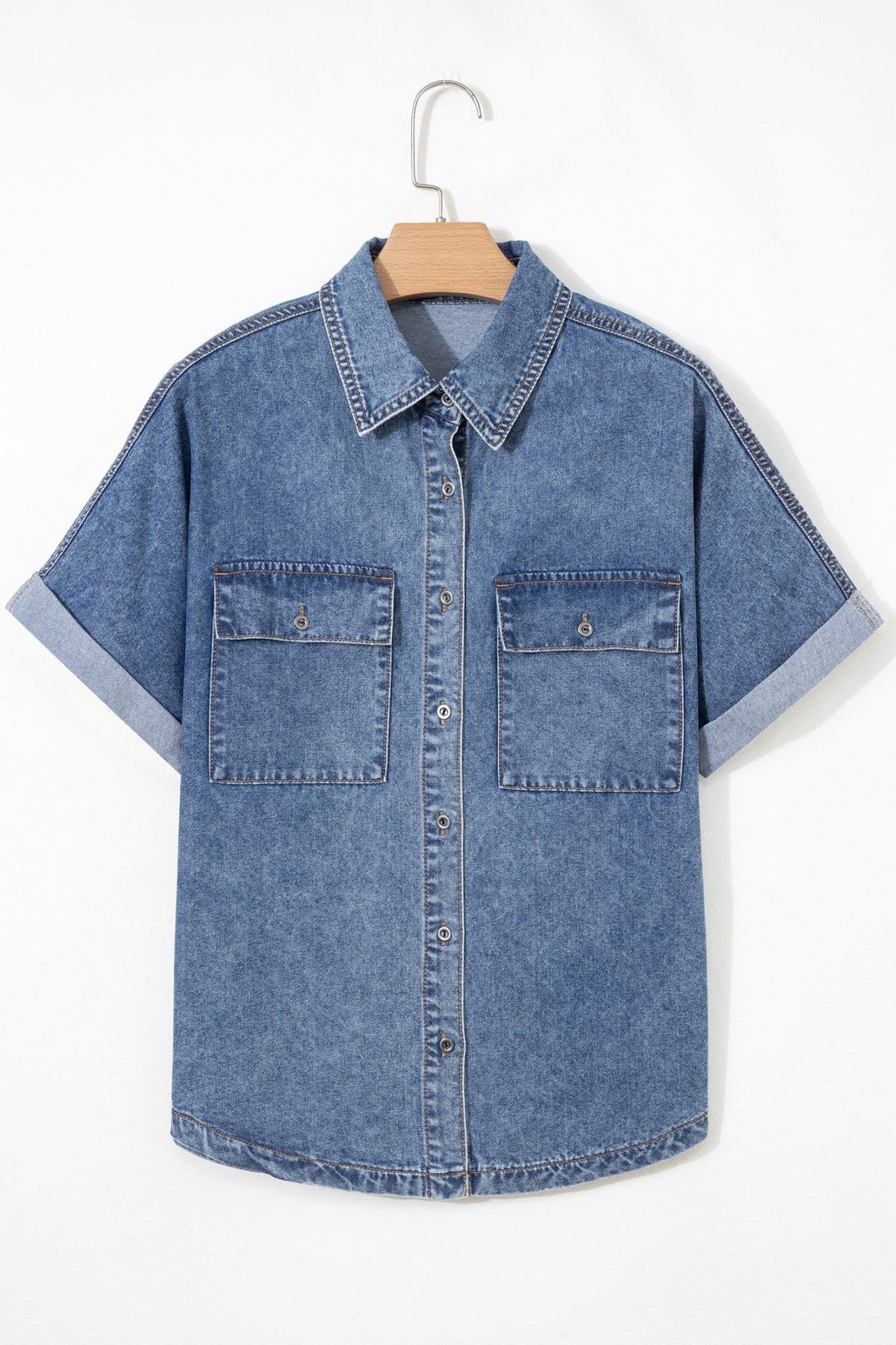 Denim Buttoned Flap Pocket Cuffed Short Sleeve Shirt - Rooted & Reckless Co.