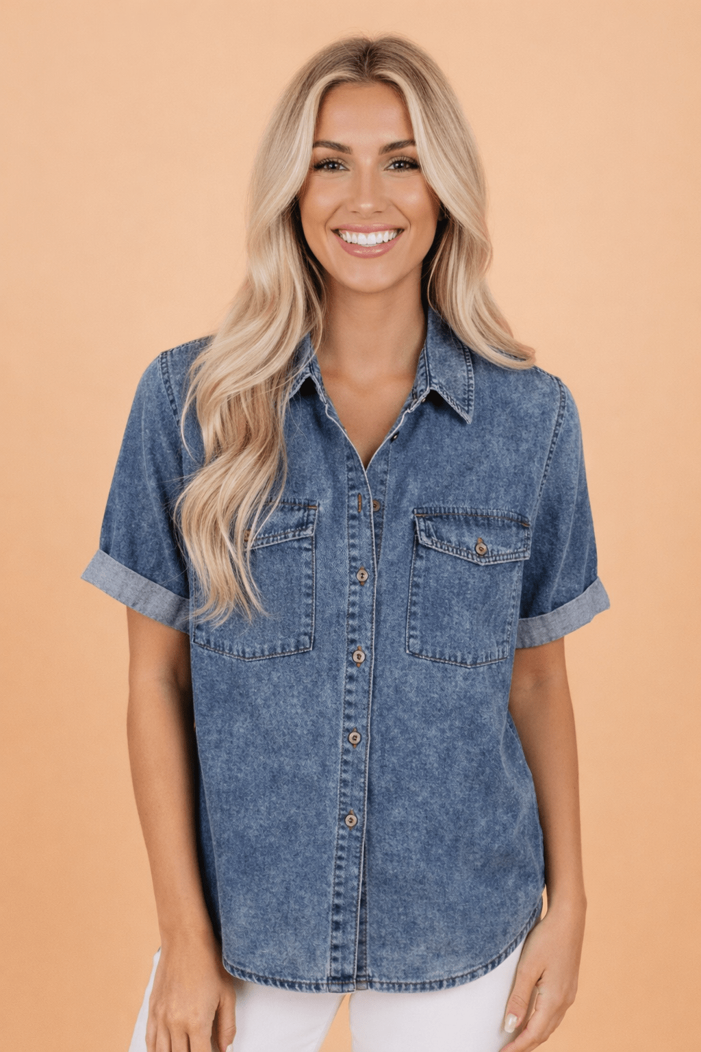 Denim Buttoned Flap Pocket Cuffed Short Sleeve Shirt - Rooted & Reckless Co.