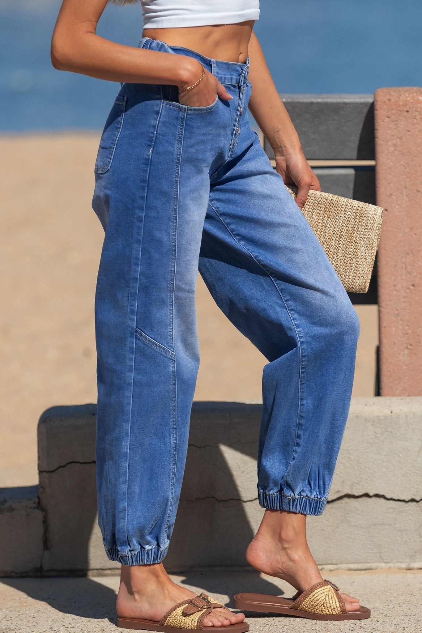 Denim Buttoned Fly Tapered Barrel Leg Jeans - Rooted & Reckless Co.