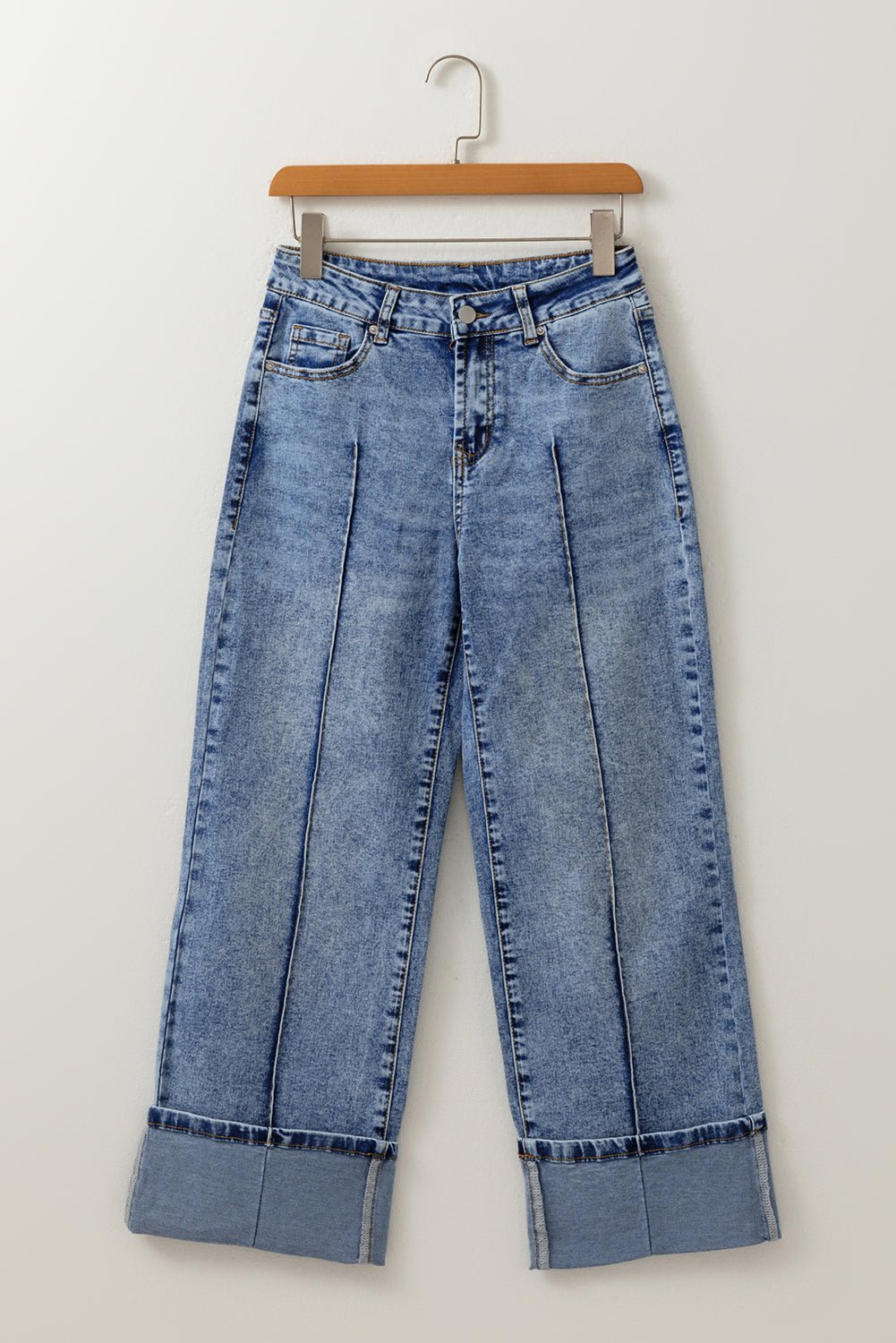 Denim Center Seam Cuffed Hem Straight High Waist Jeans - Rooted & Reckless Co.