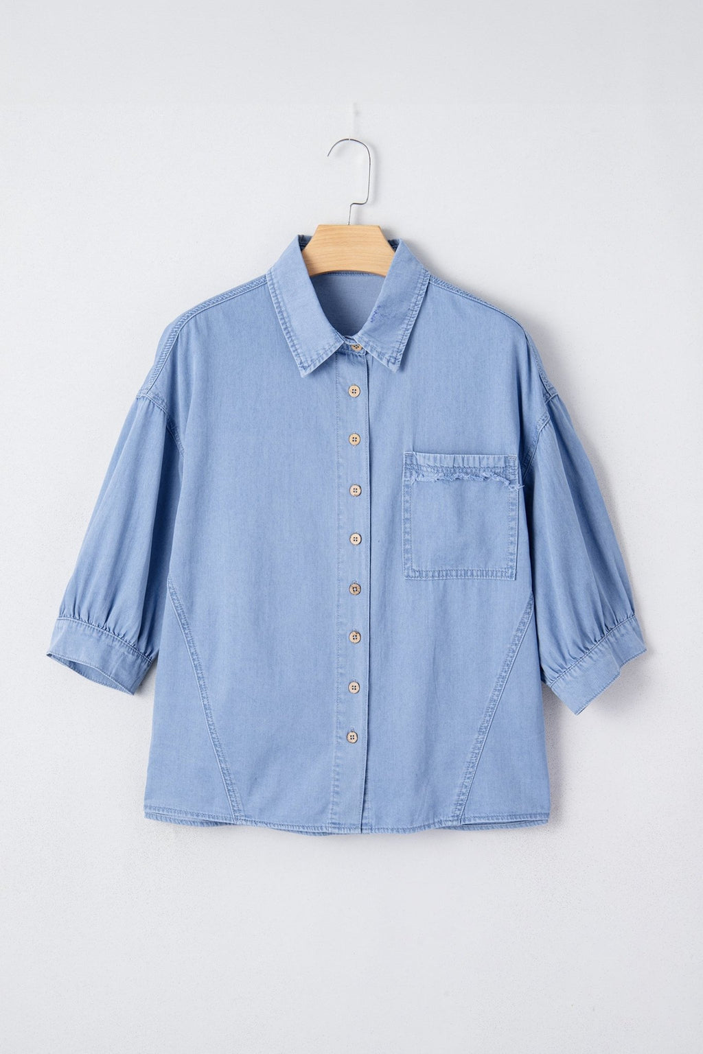 Denim Chambray Drop Shoulder 3/4 Sleeve Shirt - Rooted & Reckless Co.