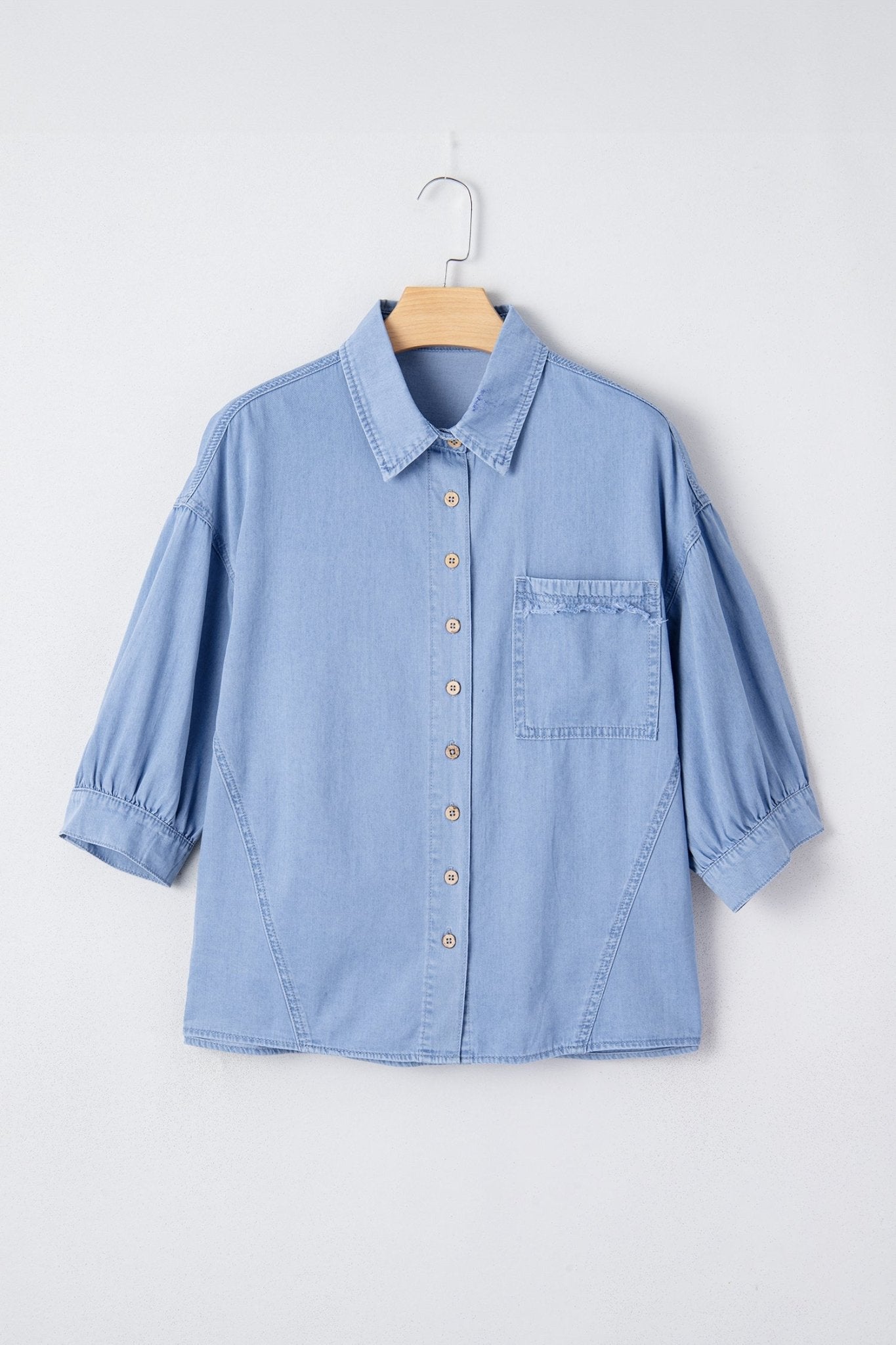Denim Chambray Drop Shoulder 3/4 Sleeve Shirt - Rooted & Reckless Co.