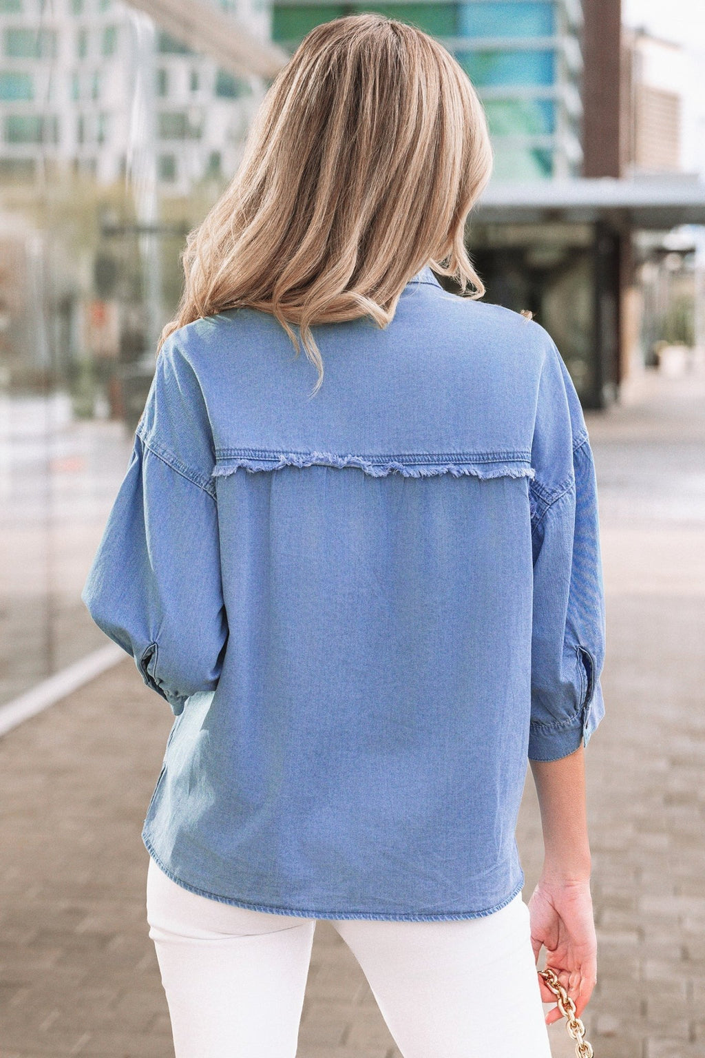 Denim Chambray Drop Shoulder 3/4 Sleeve Shirt - Rooted & Reckless Co.