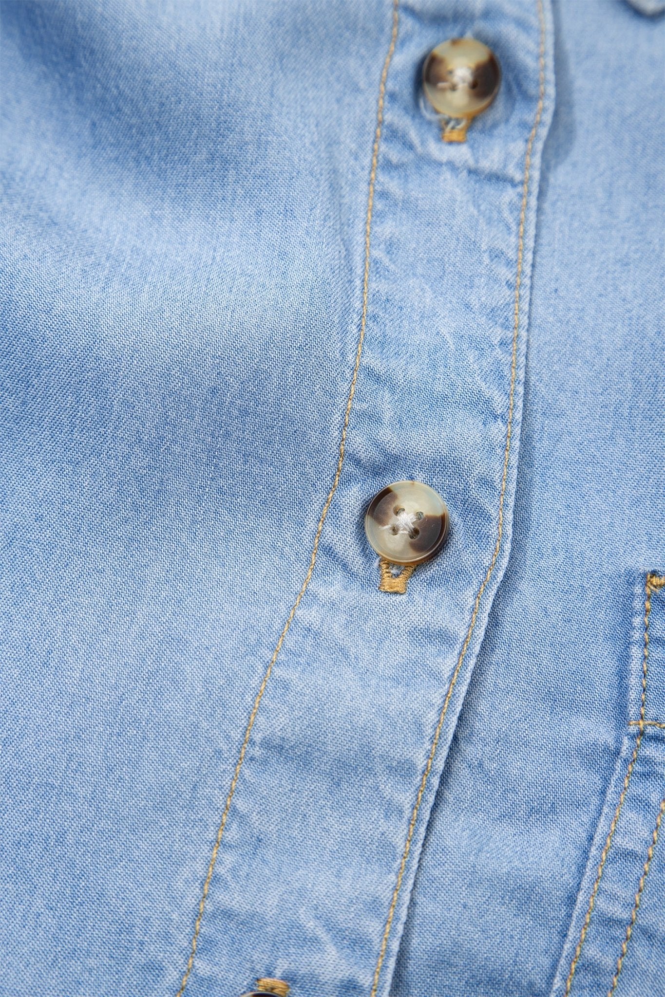 Denim Chambray Ruffle 3/4 Sleeve Buttoned Shirt - Rooted & Reckless Co.