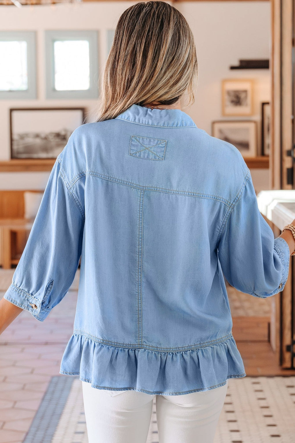 Denim Chambray Ruffle 3/4 Sleeve Buttoned Shirt - Rooted & Reckless Co.