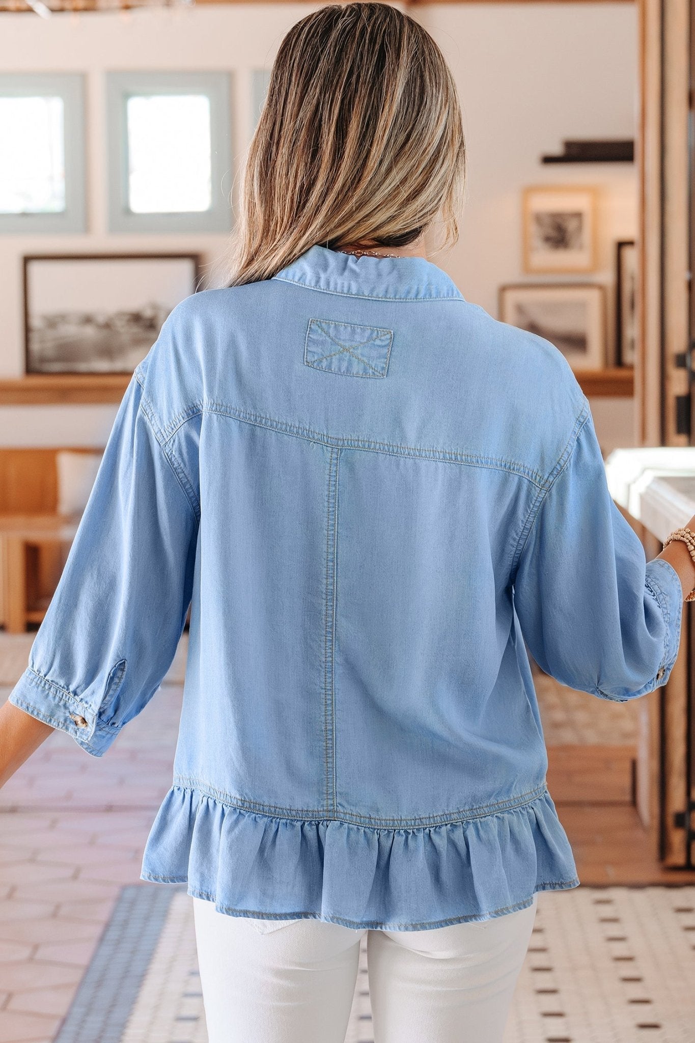 Denim Chambray Ruffle 3/4 Sleeve Buttoned Shirt - Rooted & Reckless Co.