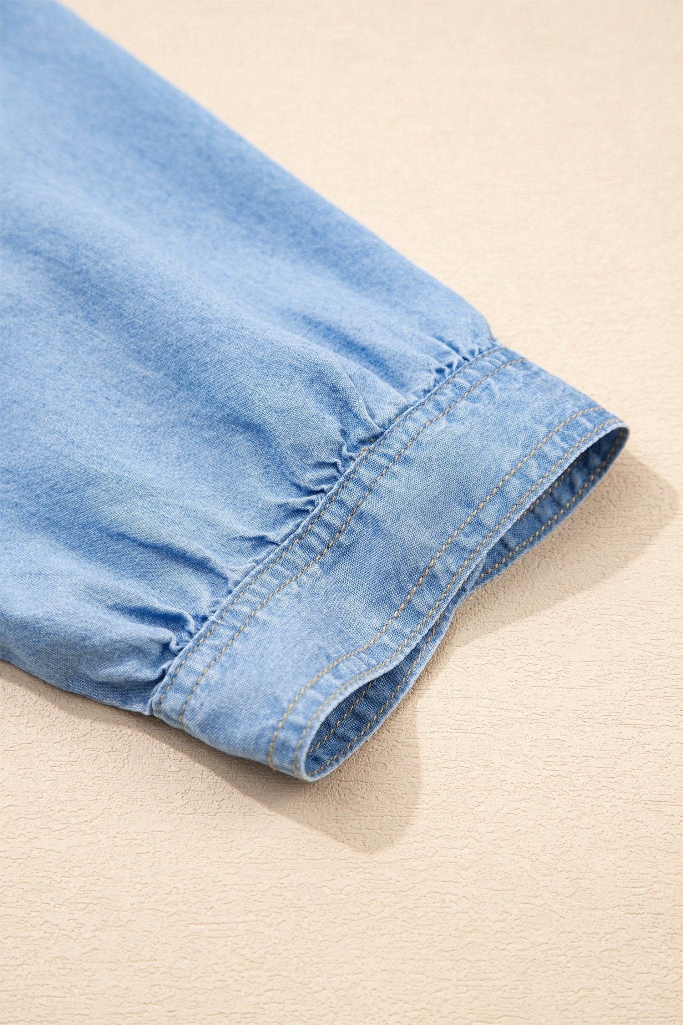 Denim Chambray Ruffle 3/4 Sleeve Buttoned Shirt - Rooted & Reckless Co.