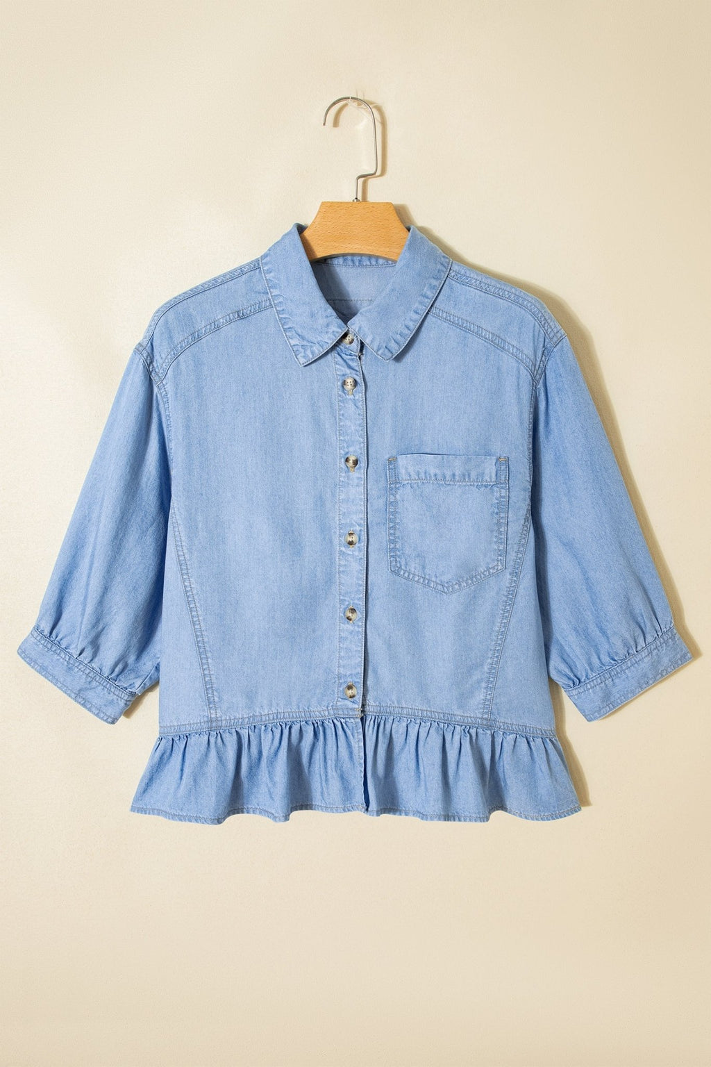 Denim Chambray Ruffle 3/4 Sleeve Buttoned Shirt - Rooted & Reckless Co.