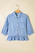 Denim Chambray Ruffle 3/4 Sleeve Buttoned Shirt - Rooted & Reckless Co.