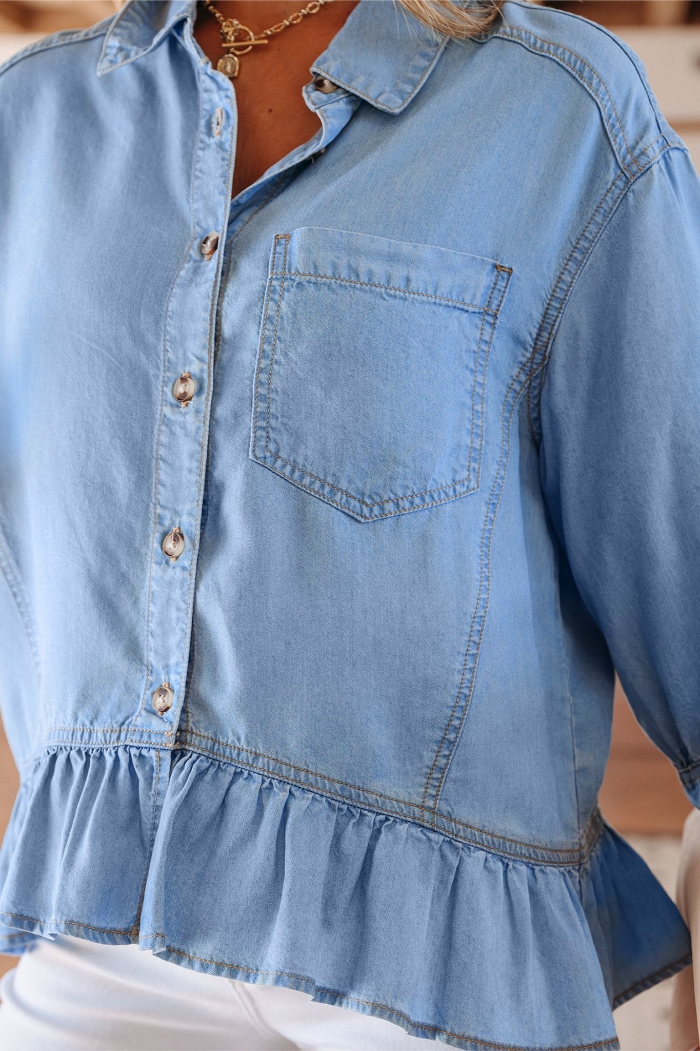 Denim Chambray Ruffle 3/4 Sleeve Buttoned Shirt - Rooted & Reckless Co.